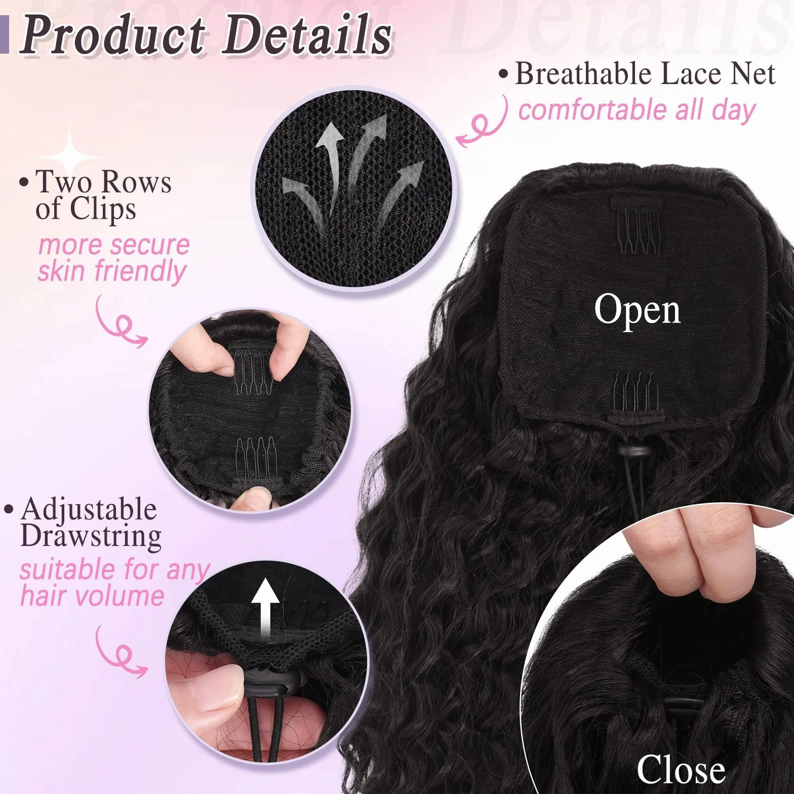 RUWISS Coleta Postiza Pelo Natural, Extensiones Pelo Rizado Coleta Postiza Larga Negro Marrón Ondulado Sintética Ponytail 30 cm Cola Caballo Extension para Mujeres