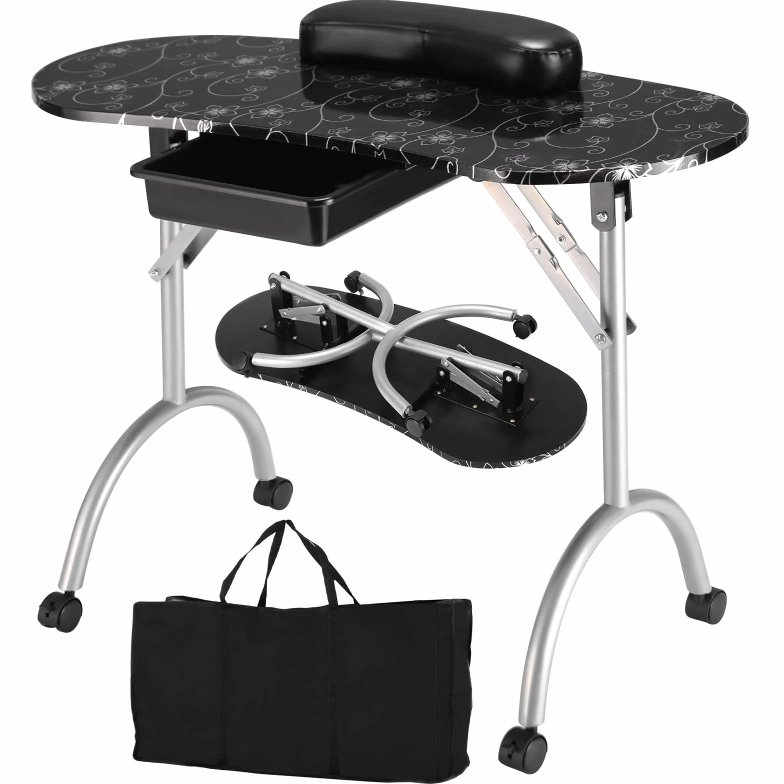 COSTWAY Mesa de Manicura con Ruedas Plegable Portátil con Caja de Almacenamiento y Almohada para la Muñeca para Uña Decoración
