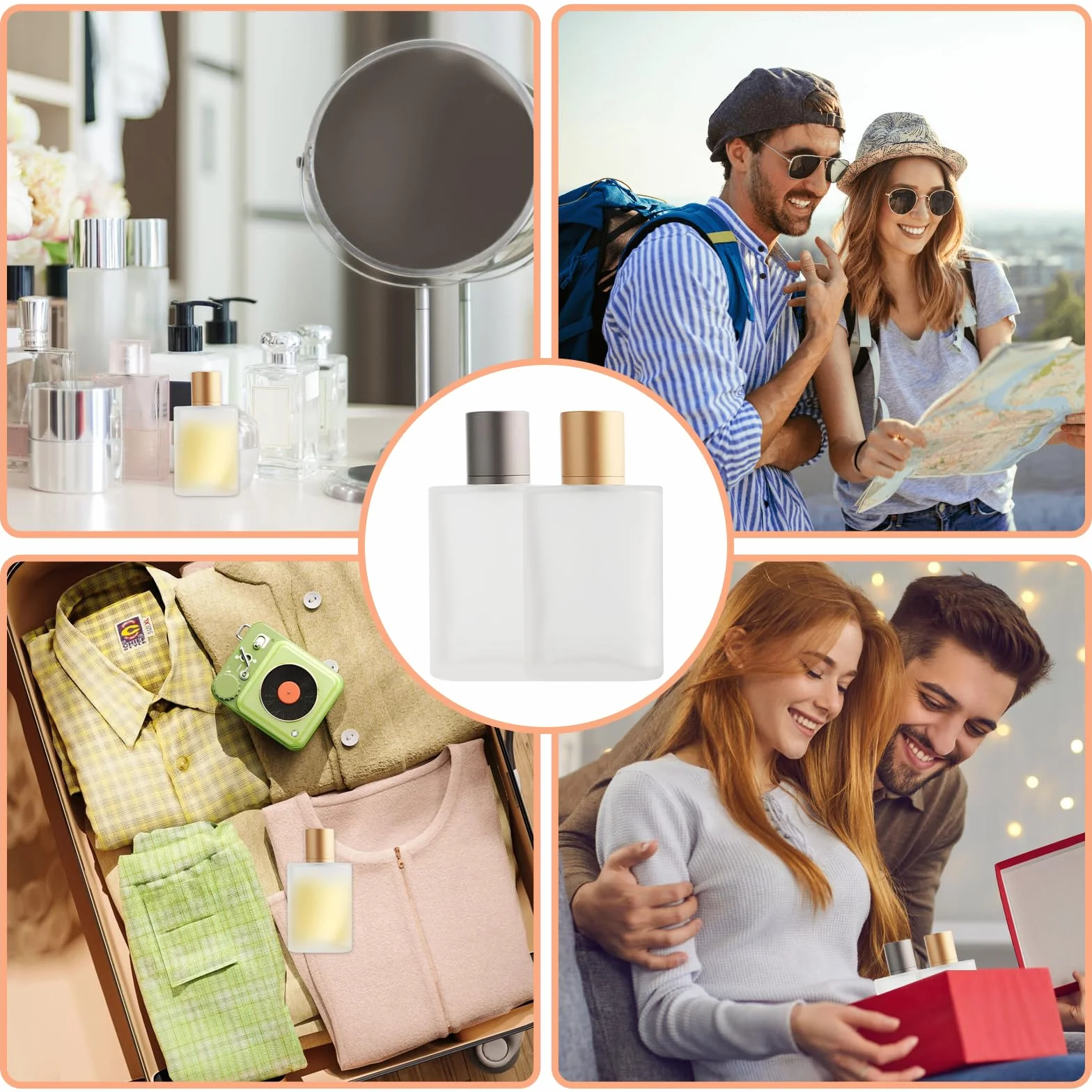 Atomizador Perfume Recargable 100ml 2 Piezas, Pulverizador Cristal Portátil con Dispensador y Embudo, para Viajes Cosmética (Oro+Plata)