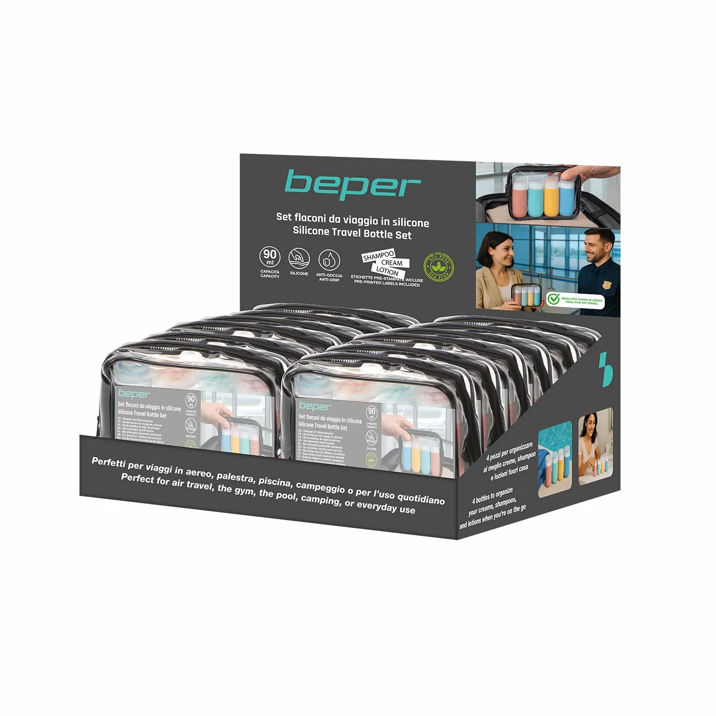BEPER C302AAC010 Set de Botellas de Viaje de Silicona 90 ml 4 Piezas Antigoteo