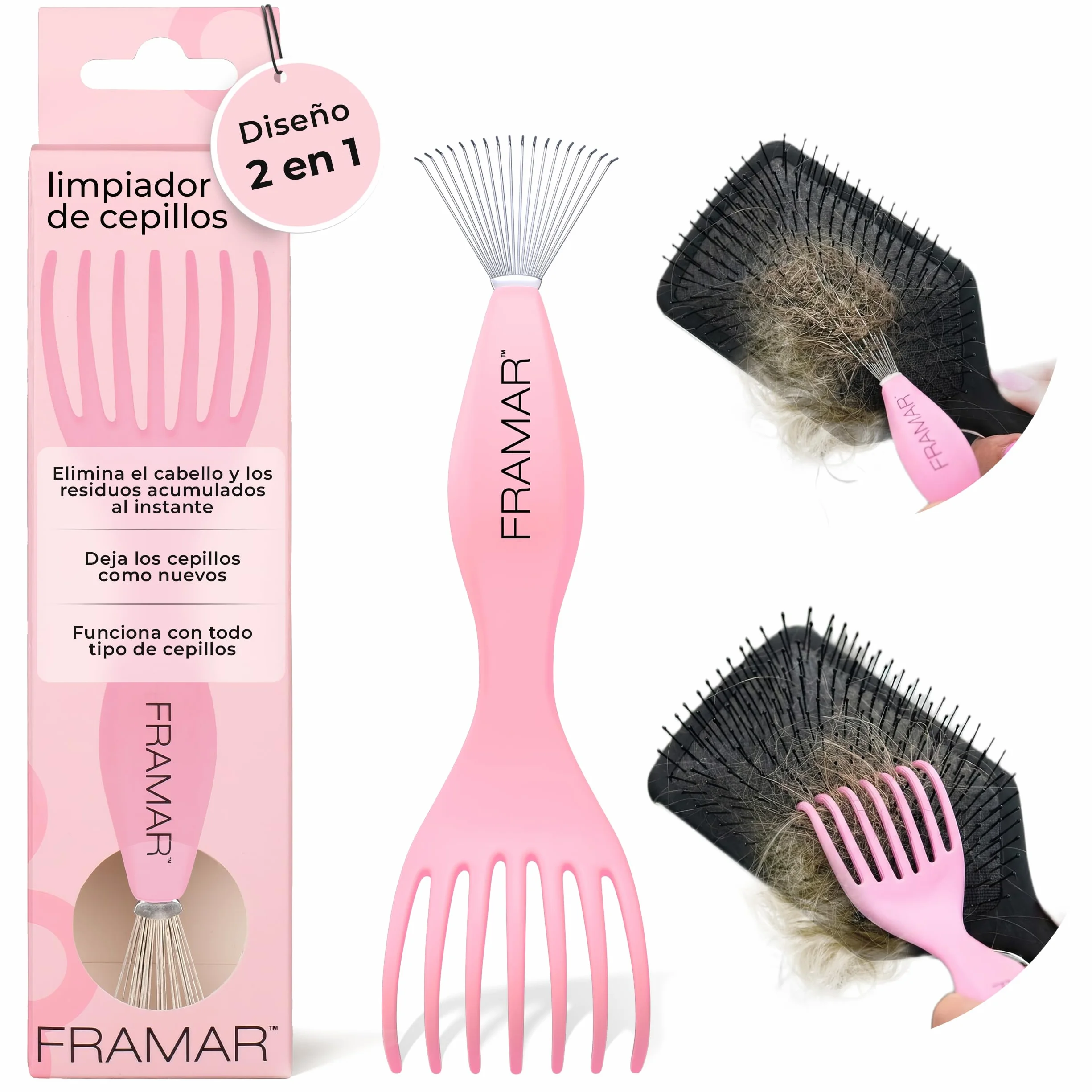 FRAMAR Limpia Cepillos Pelo Rastrillo - Elimina Vello y Acumulación Rosa
