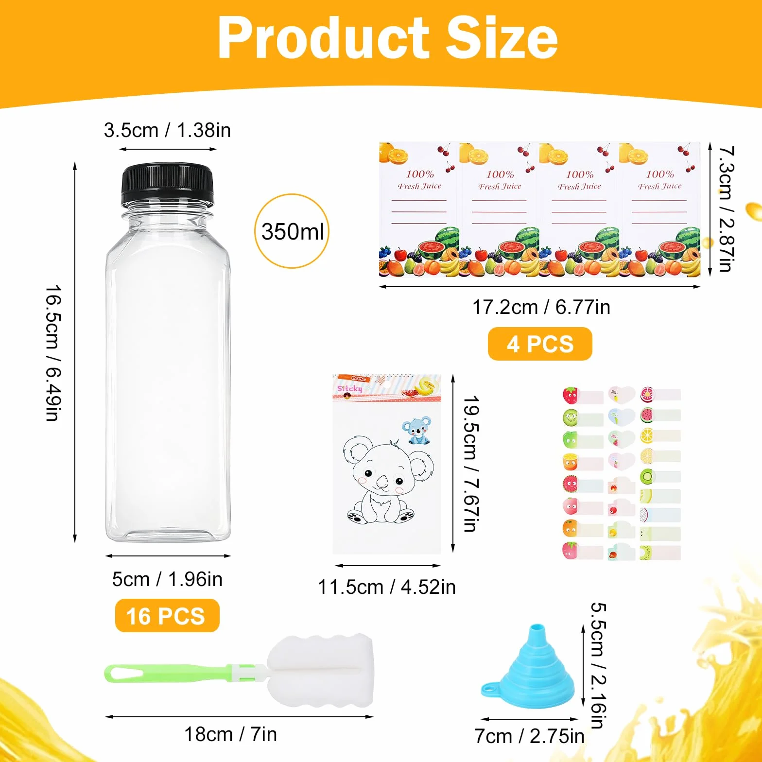 Botellas Vacías Reutilizables de 350 ml, 16 Botellas de Plástico con Tapas de Sellado, Material PET, para Jugo, Agua, Batidos, Incluye Embudo y Cepillo