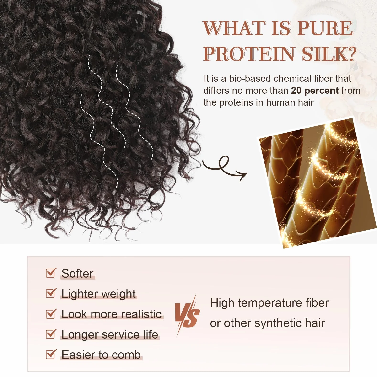 Extensiones de pelo con clip 4 piezas 100% seda de proteínas puras 40 cm rizadas color marrón oscuro