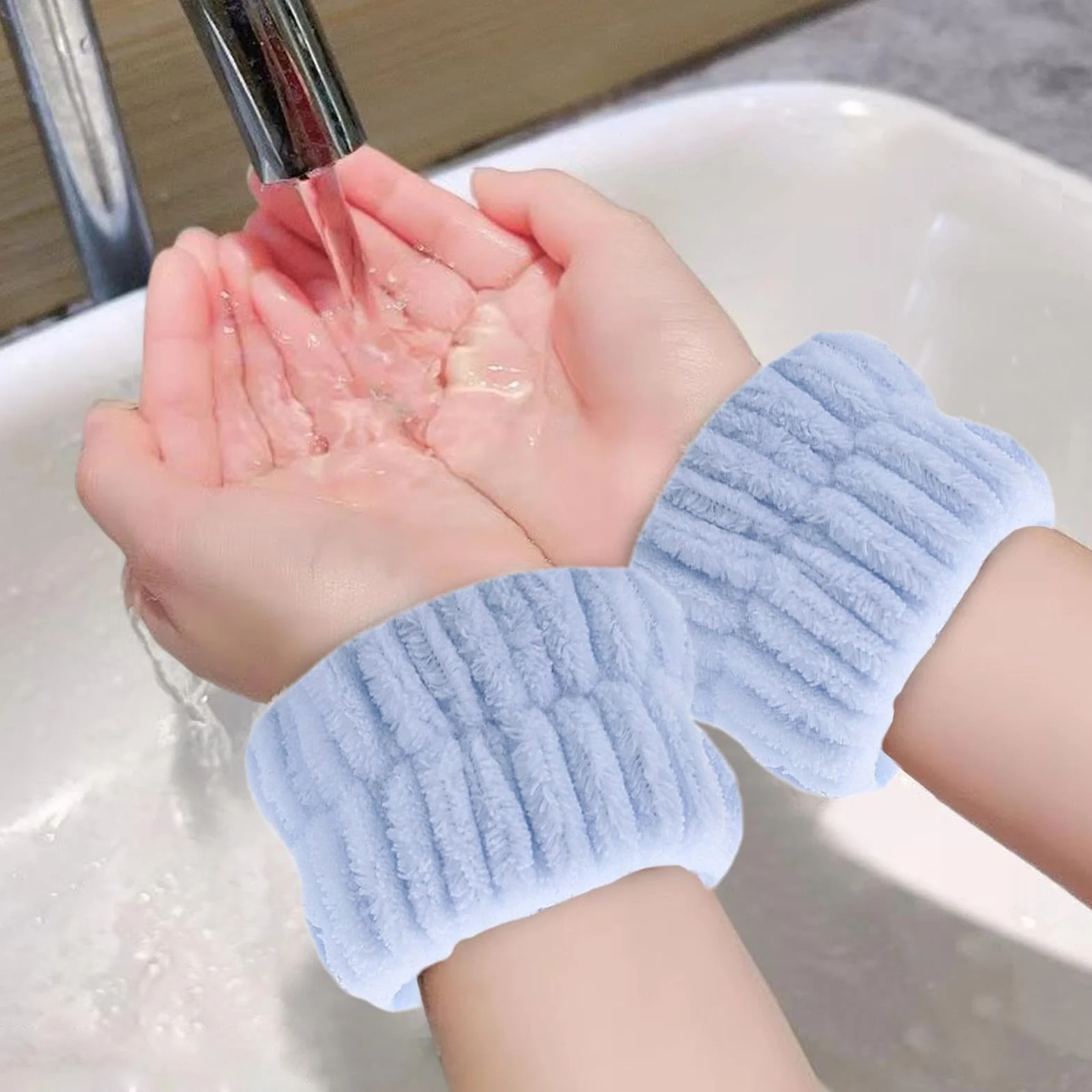 Pulseras de lavado facial, 2 bandas de microfibra absorbentes de lana de coral
