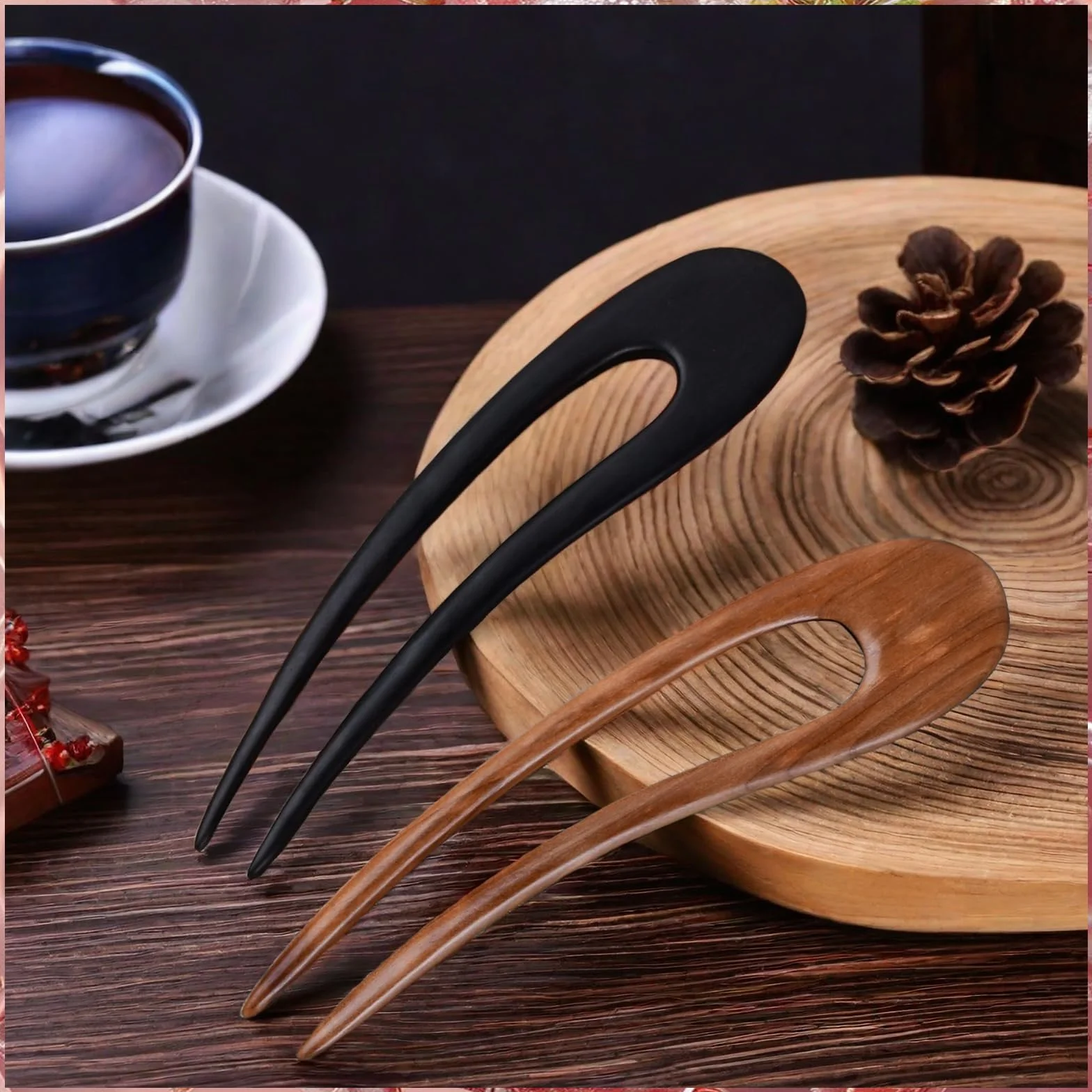 Pinzas para el Cabello en Forma de U 15.5 cm Madera de Sándalo Horquillas Francesas para Mujer