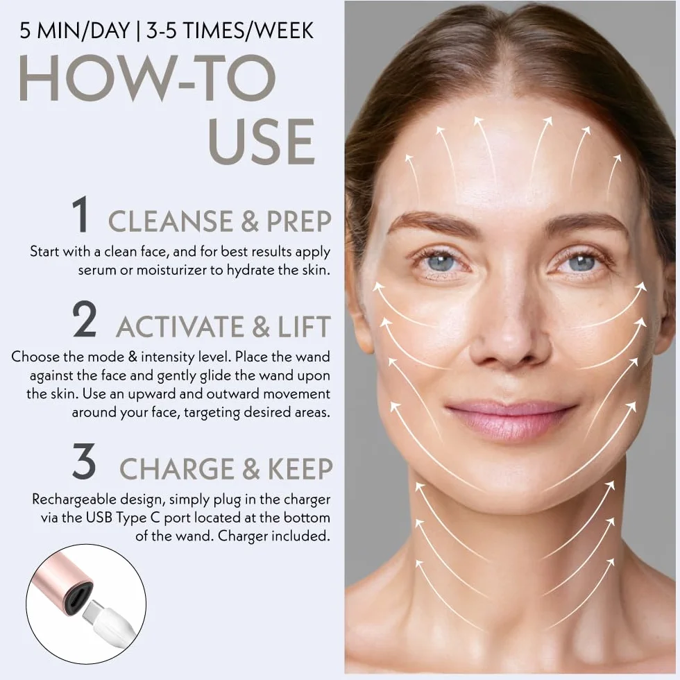 Varita Facial 5 en 1 | Dispositivo de Microcorriente y Luz LED para Antienvejecimiento | Masajeador Facial Con Terapia de Luz Roja y Azul, Calor para Rejuvenecimiento