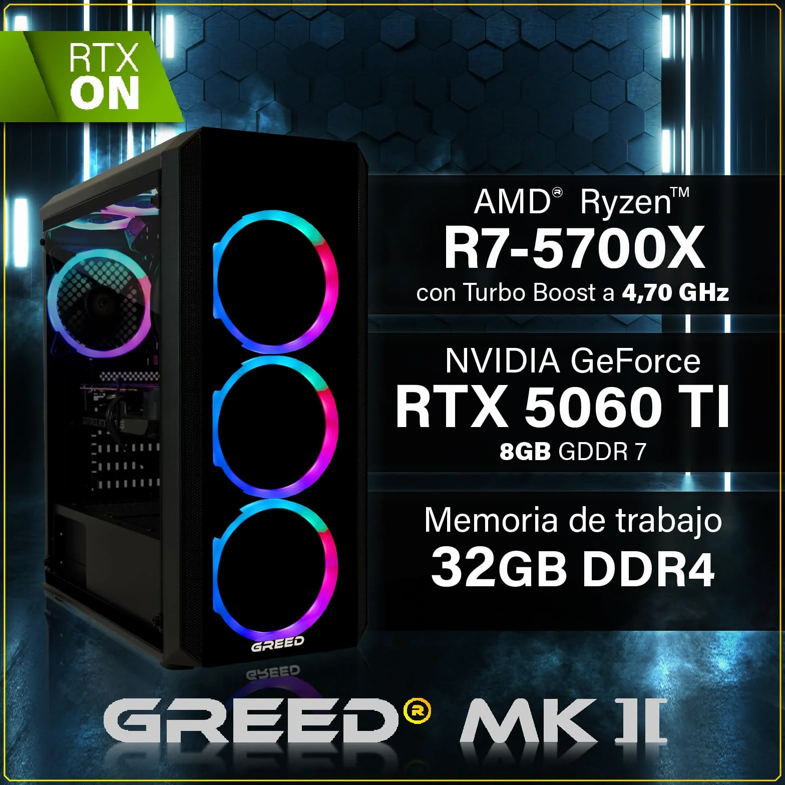 Greed MK2 Gaming PC AMD Ryzen 7 5700X 8 Core Nvidia Geforce RTX 5060 Ti 8GB 32GB RAM DDR4 1TB SSD WLAN W11 Pro