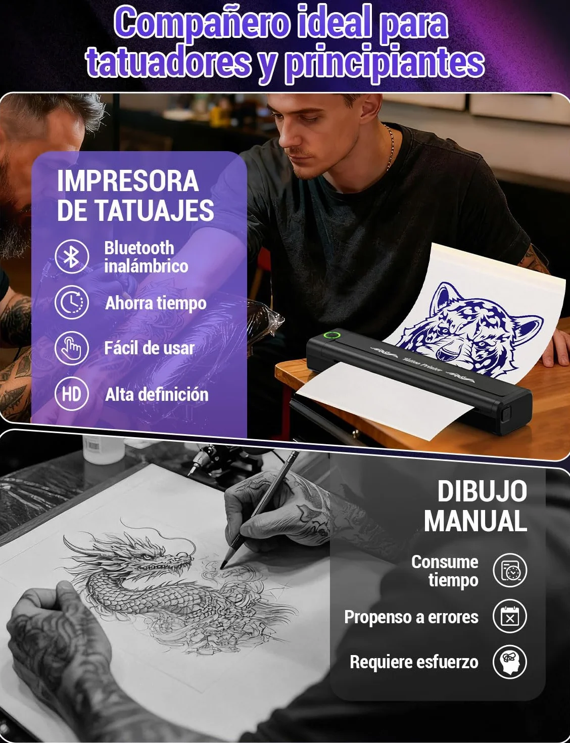 YOHOOLYO Termocopiadora Tattoo Bluetooth Impresora Termica Tattoo Portatil 203 DPI Compatible con Smartphones Tabletas Incluye 10 Hojas de Transferencia para Tatuadores Principiantes