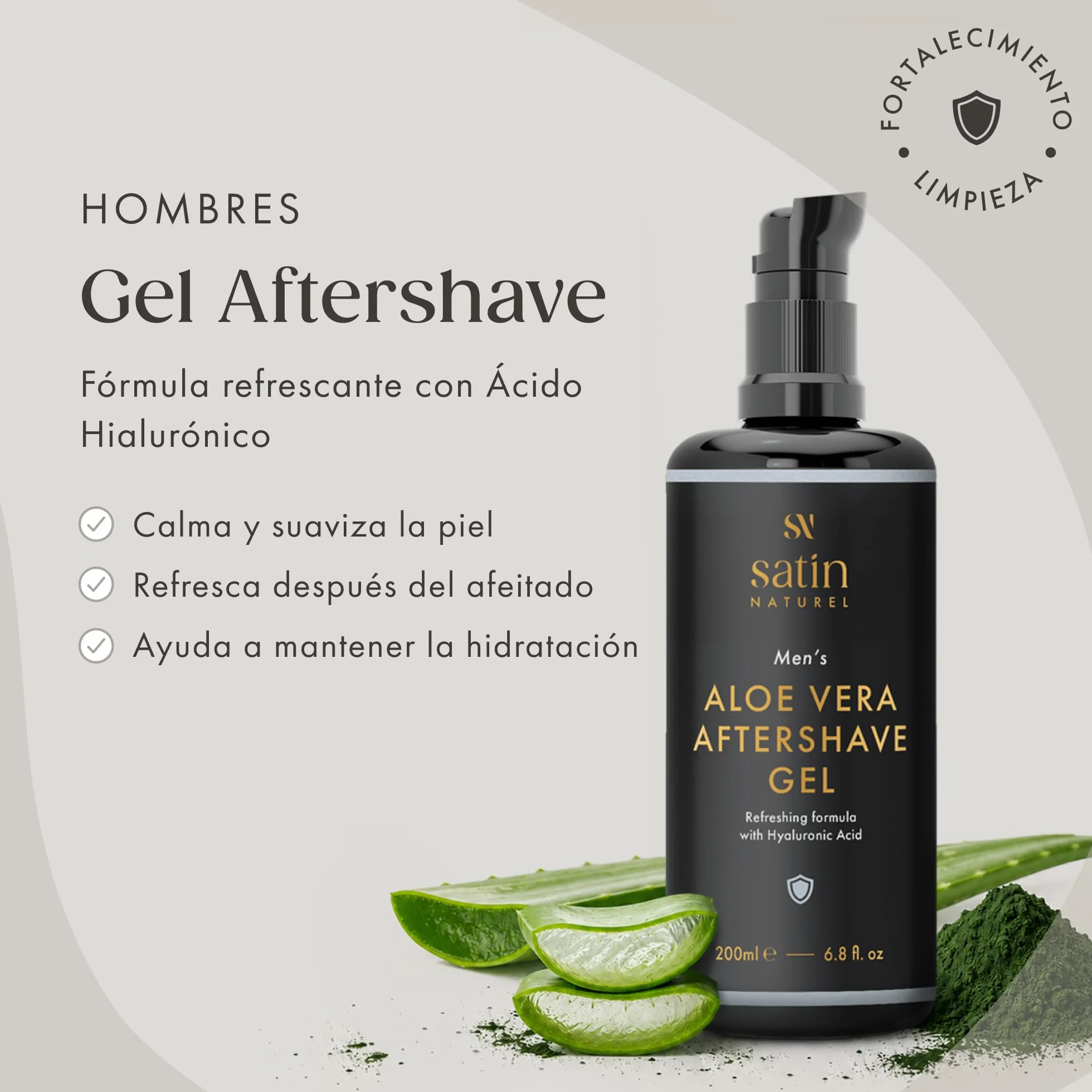 Satin Naturel After Shave 3:1 con Aloe Vera Gel 200ml Crema Hidratante Facial Serum Ácido Hialurónico Regalo Hombre