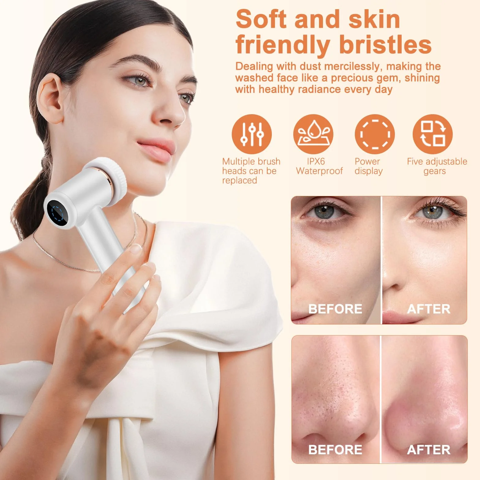 Cepillo limpieza facial eléctrico recargable IPX6 4 cabezales 5 niveles ajuste