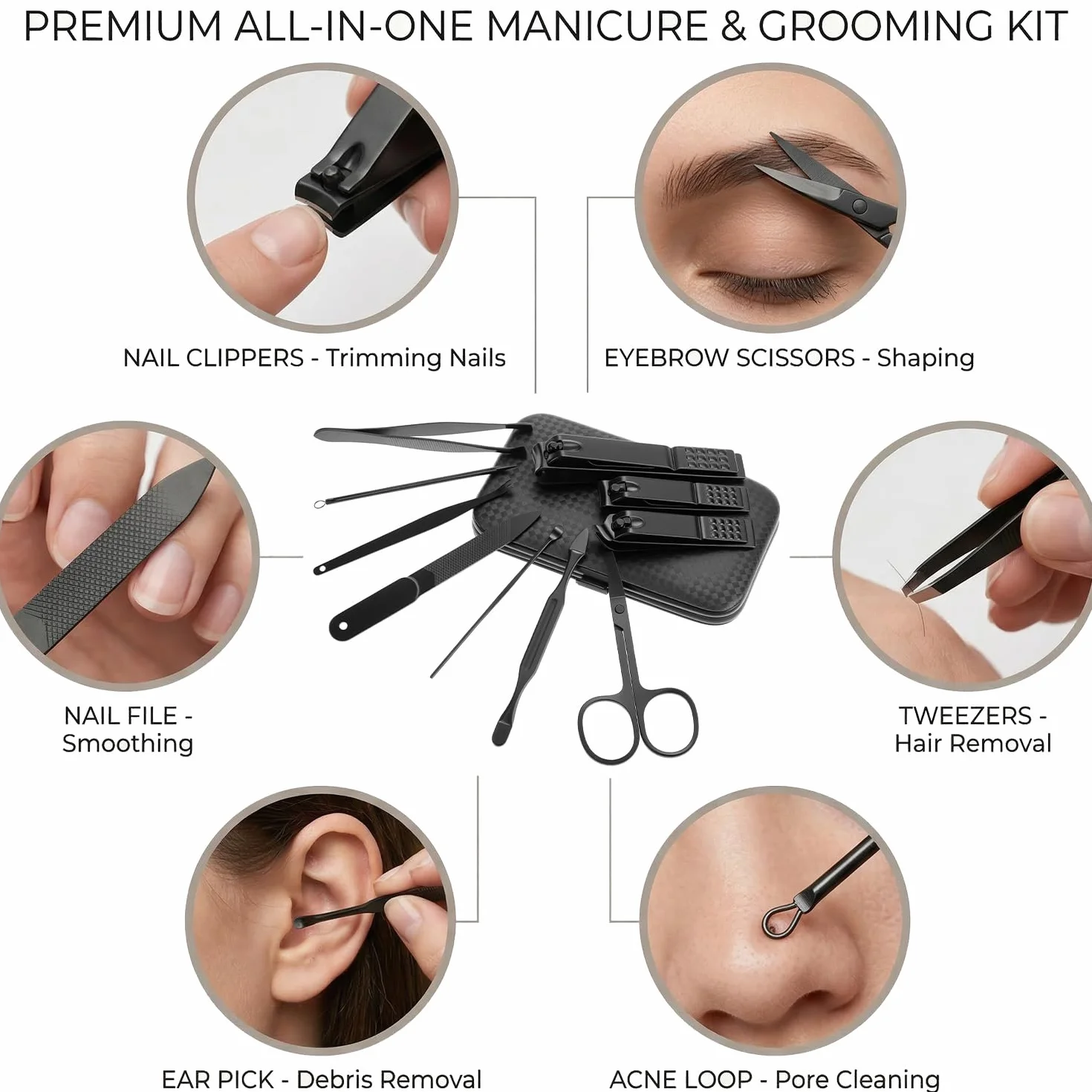 QWORK Juego de Manicura y Pedicura 10 Piezas Cortaúñas Acero Inoxidable Negro Mate Kit Profesional Estuche Cuero Sintético