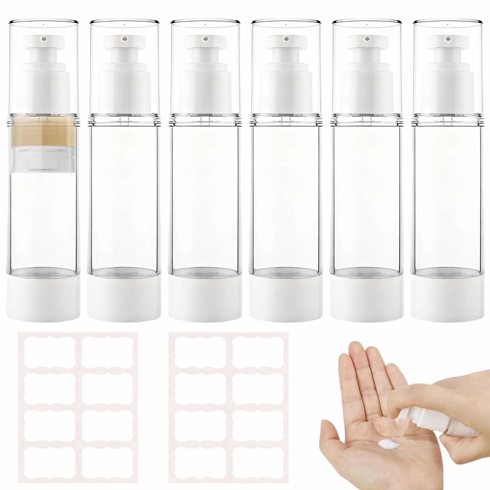 80ml Dispensador De Crema 6 Piezas Airless Pump Dispensador Crema, Botellas De Loción Al Vacío, Rellenables, con Pegatinas, para Loción, Crema Facial, Crema De Manos, Champús, Acondicionadores