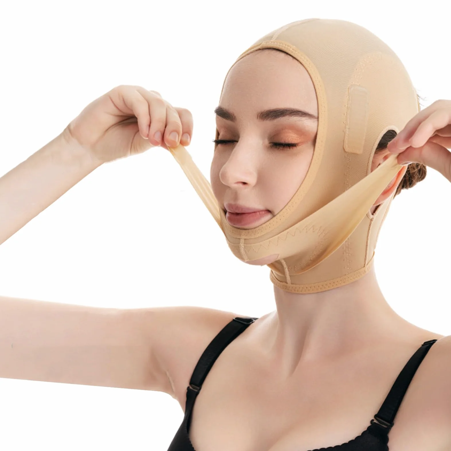Fajas faciales tonificadoras, mentonera Adelgazante, Prenda de compresión Post-lipo, máscara Post-Lifting V-Line, cinturón Facial (Beige, Negro) (Color Piel, pequeño)