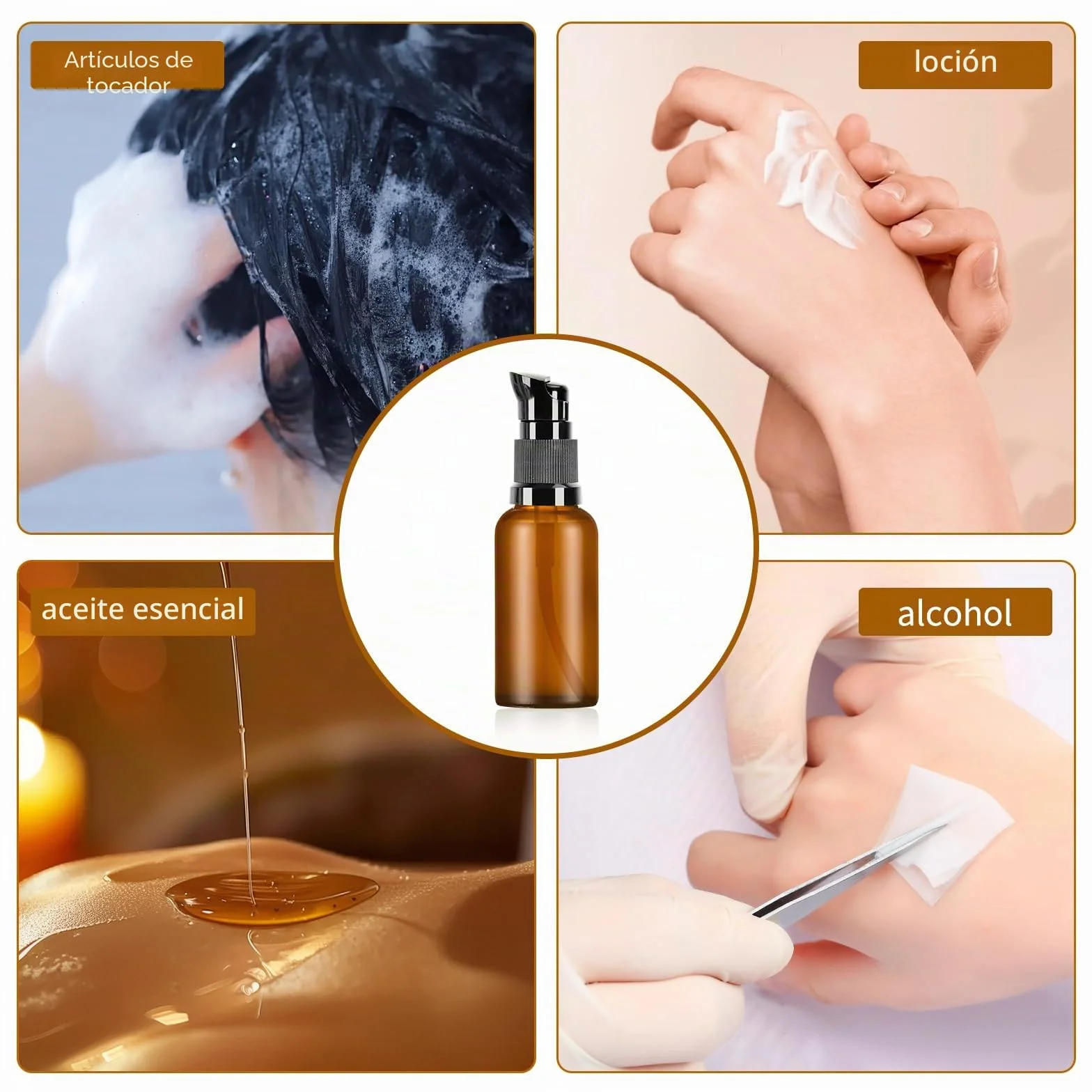 Botellas de Vidrio Ambar 30ml con Bomba, Dispensadores de Vidrio Marrón, Vacías Rellenables para Aceite Esencial, Viaje Crema Loción, 8 Pcs con Embudos