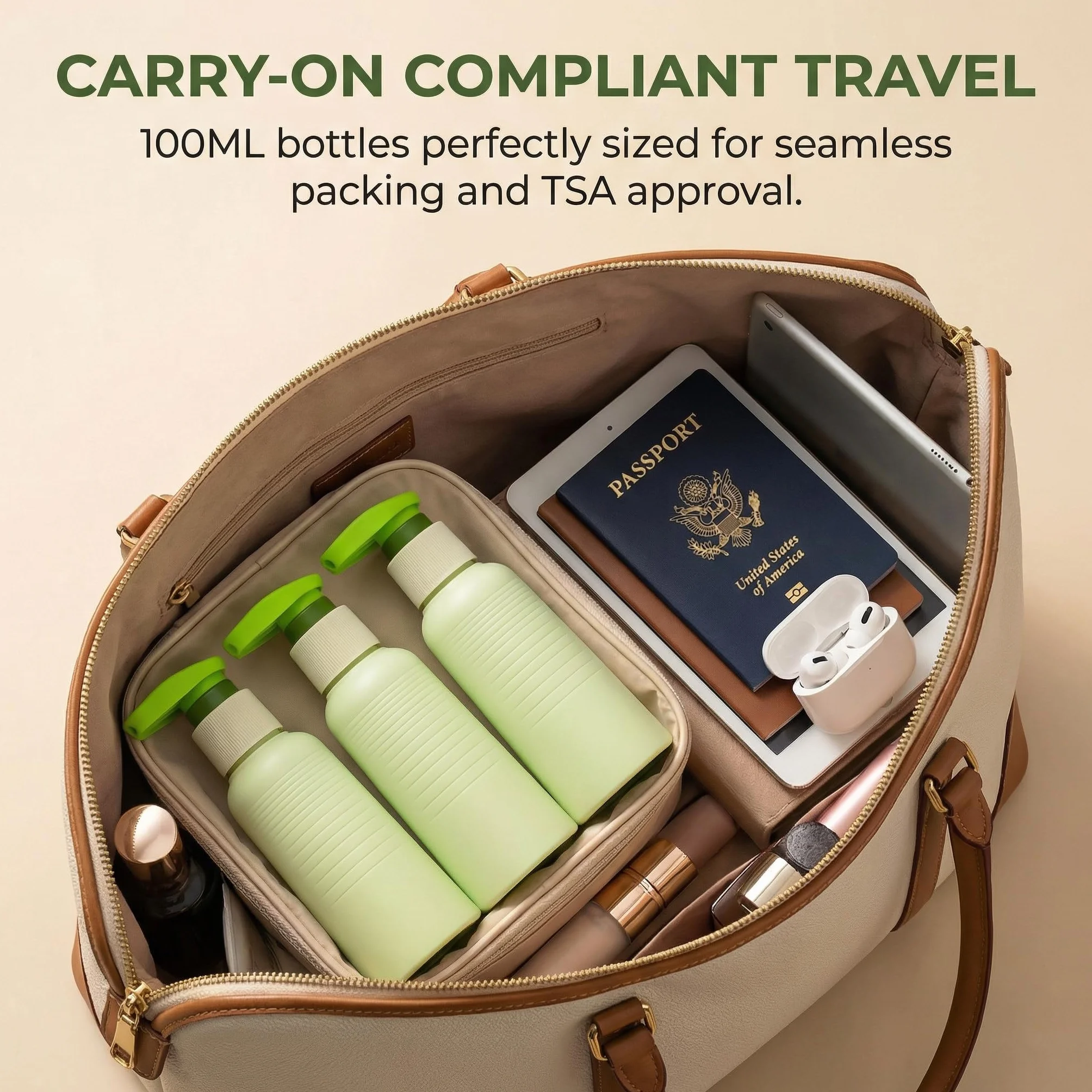 Botes Viaje Rellenables 100 ml 3 Piezas, Botellas Champú Prueba de Fugas con Tapón Flip y Dosificador, sin BPA