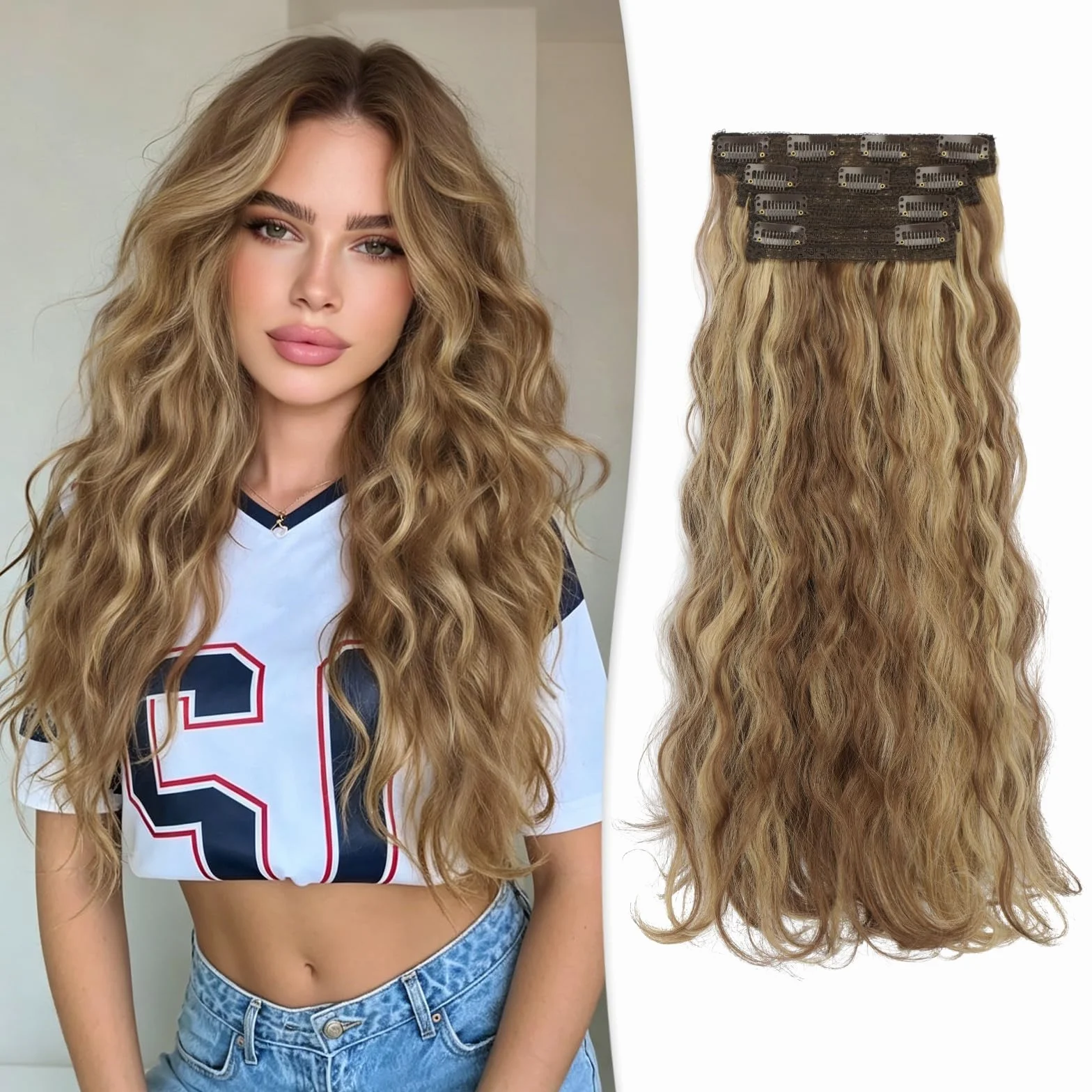 RUWISS Extensiones Pelo Natural Clip, 4 Piezas 45 cm Largo Extensiones de Clip de Pelo Natural Ondulado Rizado Sintética Extensiones de Cabello para Mujer (Marrón Claro y Rubio mezclado)