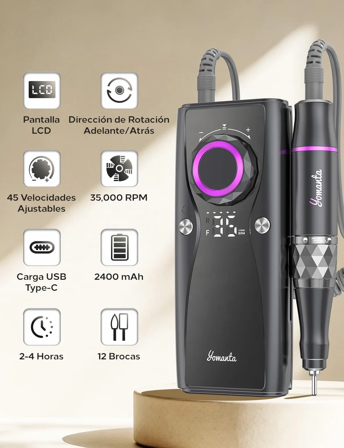 torno para uñas profesional 35000 RPM USB recargable 10H+ duración de la batería con 12 brocas lima electrica uñas para uñas de acrílico y gel- torno de uñas portátil para salón y uso doméstico