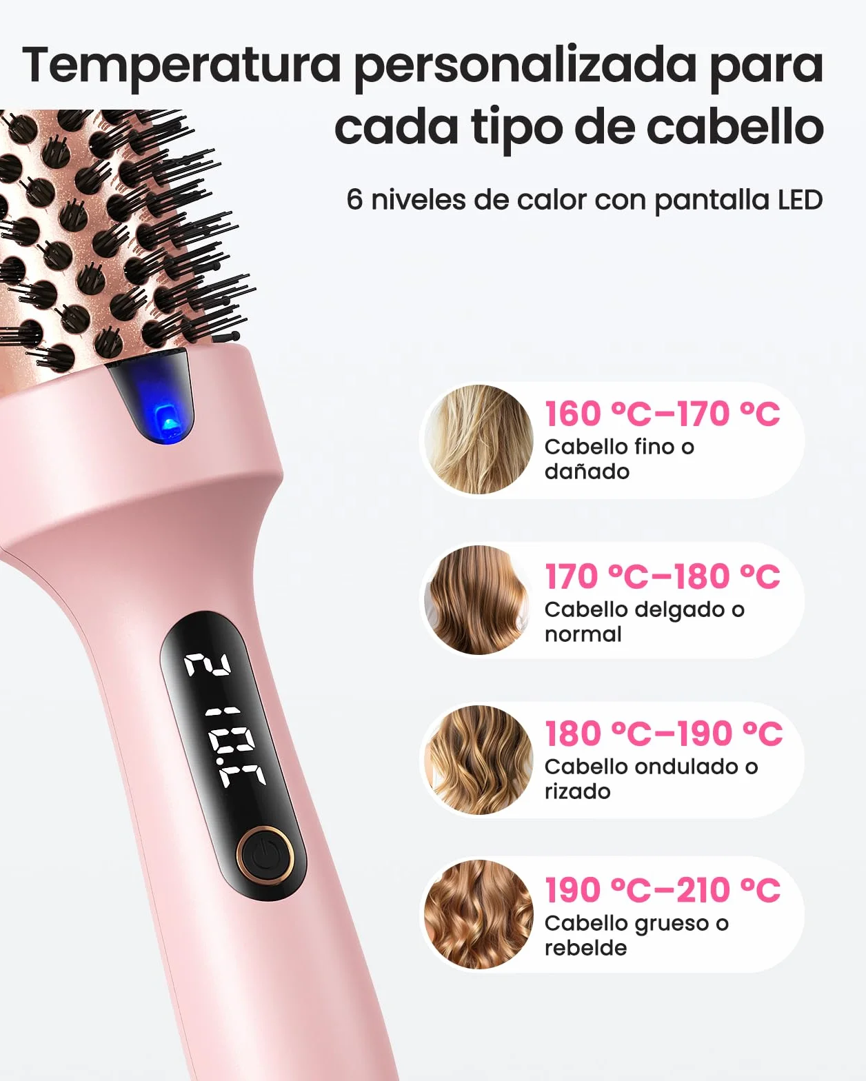 Haokoo Cepillo Térmico Redondo 38 mm, Alisador y Moldeador de Pelo, Iónico Cerámico Antifrizz, 6 Temperaturas LCD, Doble Voltaje, Rosa