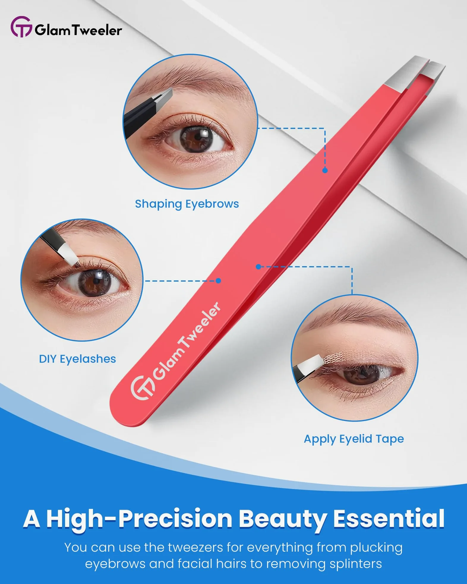 GlamTweeler Expert - Pinzas de depilación de cejas con funda de cuero, punta inclinada de alta precisión, pinzas de acero inoxidable para hombres y mujeres (rosa intenso)