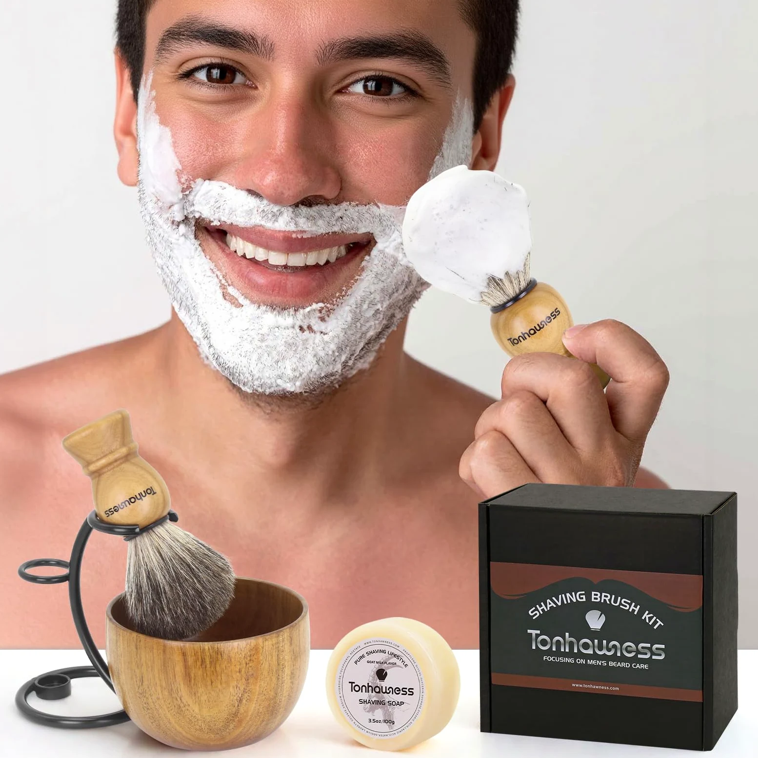 Kit de brochas de afeitar para hombres, juego de brochas de afeitar 4 en 1, incluye cepillo de afeitar de pelo de tejón, cuenco de madera, soporte de afeitar de acero inoxidable y jabón de afeitar de