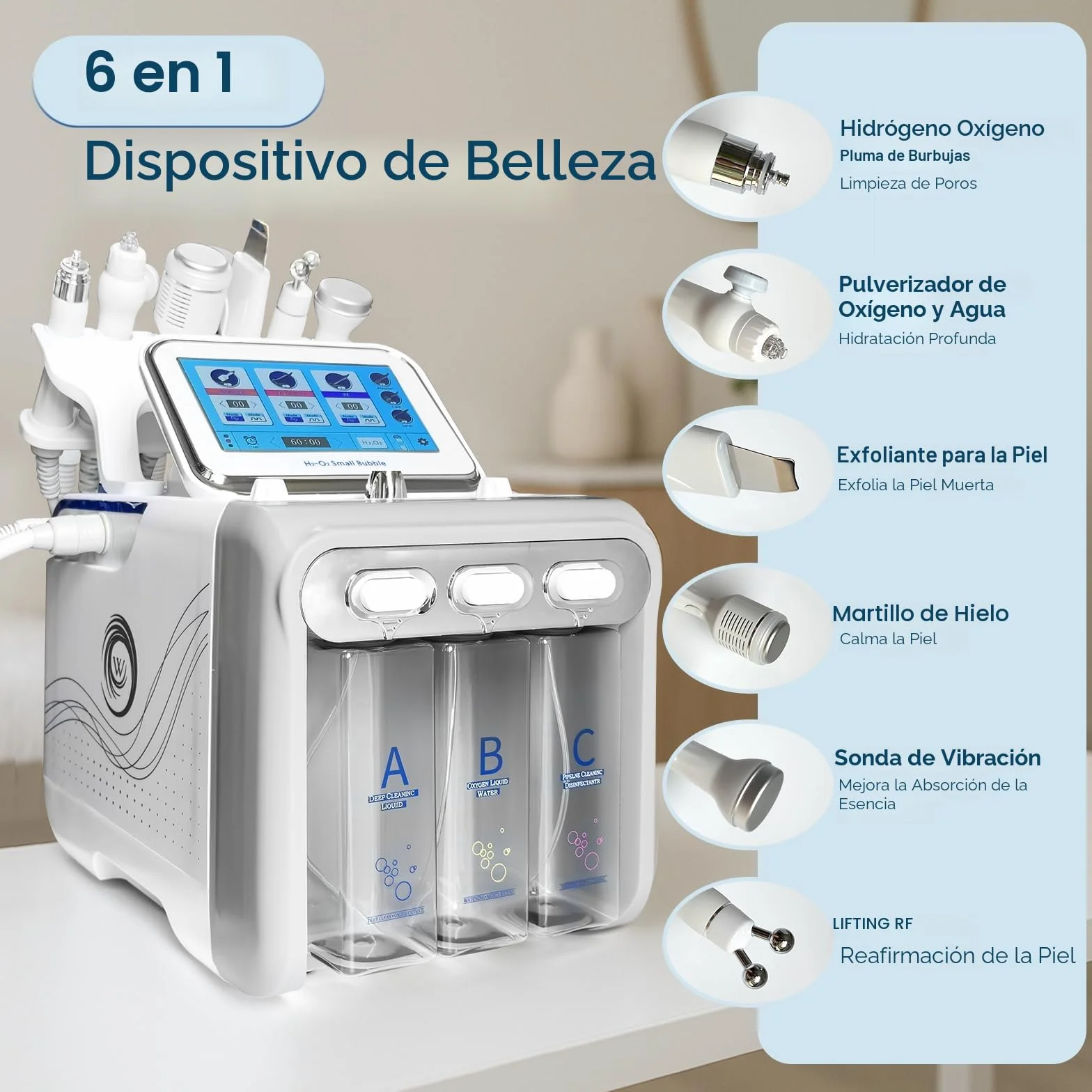 Hydrafacial Machine Profesional 6 en 1 Hidrógeno y Oxígeno Hidrodermoabrasión Cuidado de la Piel con Pantalla LED