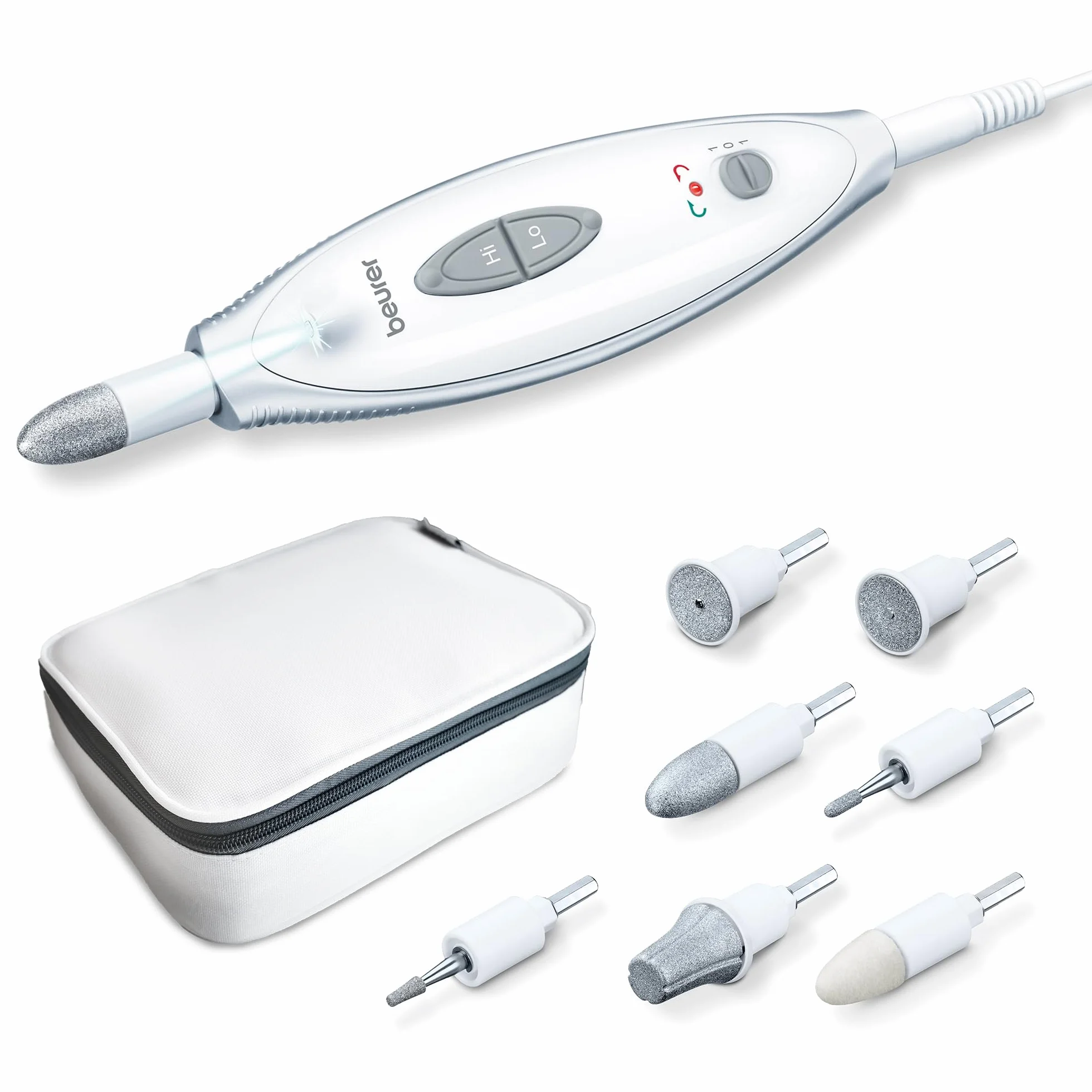 Beurer MP 41 Set de manicura y pedicura profesional, torno para uñas, 7 accesorios, luz LED, rotación izquierda/derecha, 2 velocidades