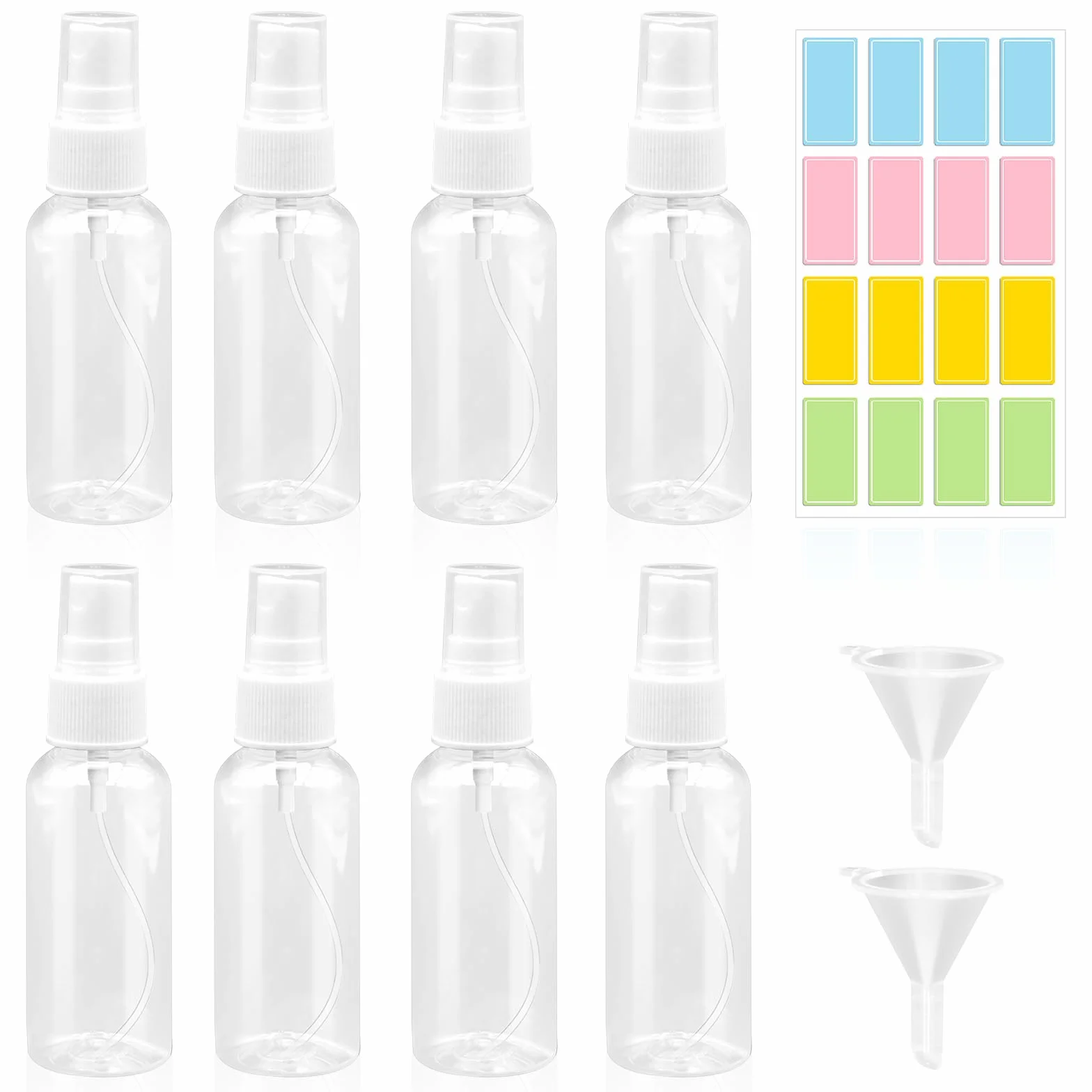Botes Spray Pequeños 50ml Transparentes con Embudos y Etiquetas, Botellas de Viaje Rellenables para Cosmética