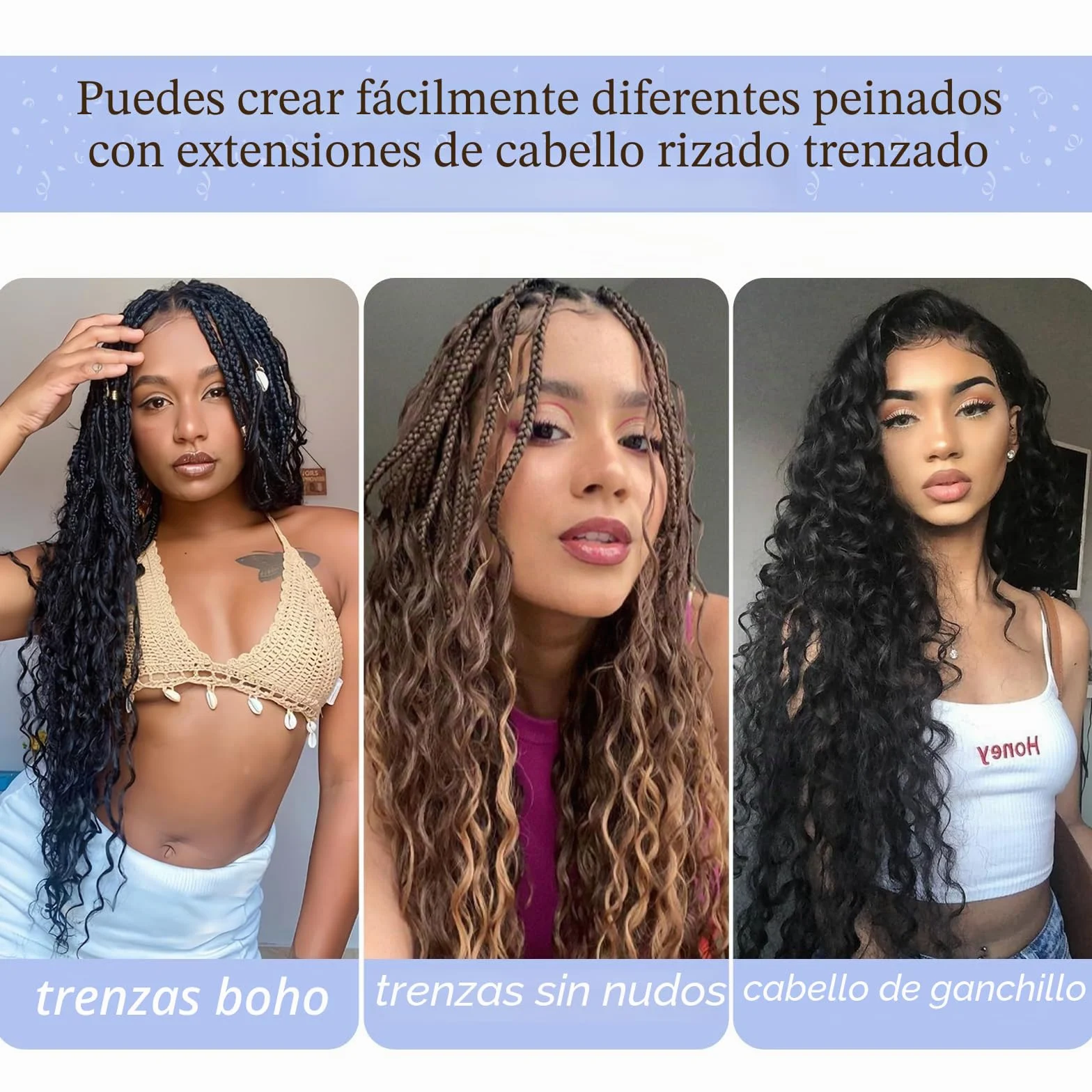 Crochet Extensiones de Pelo Onduladas Suaves Sintéticas Trenzadas 1B 22 Pulgadas Pack de 3