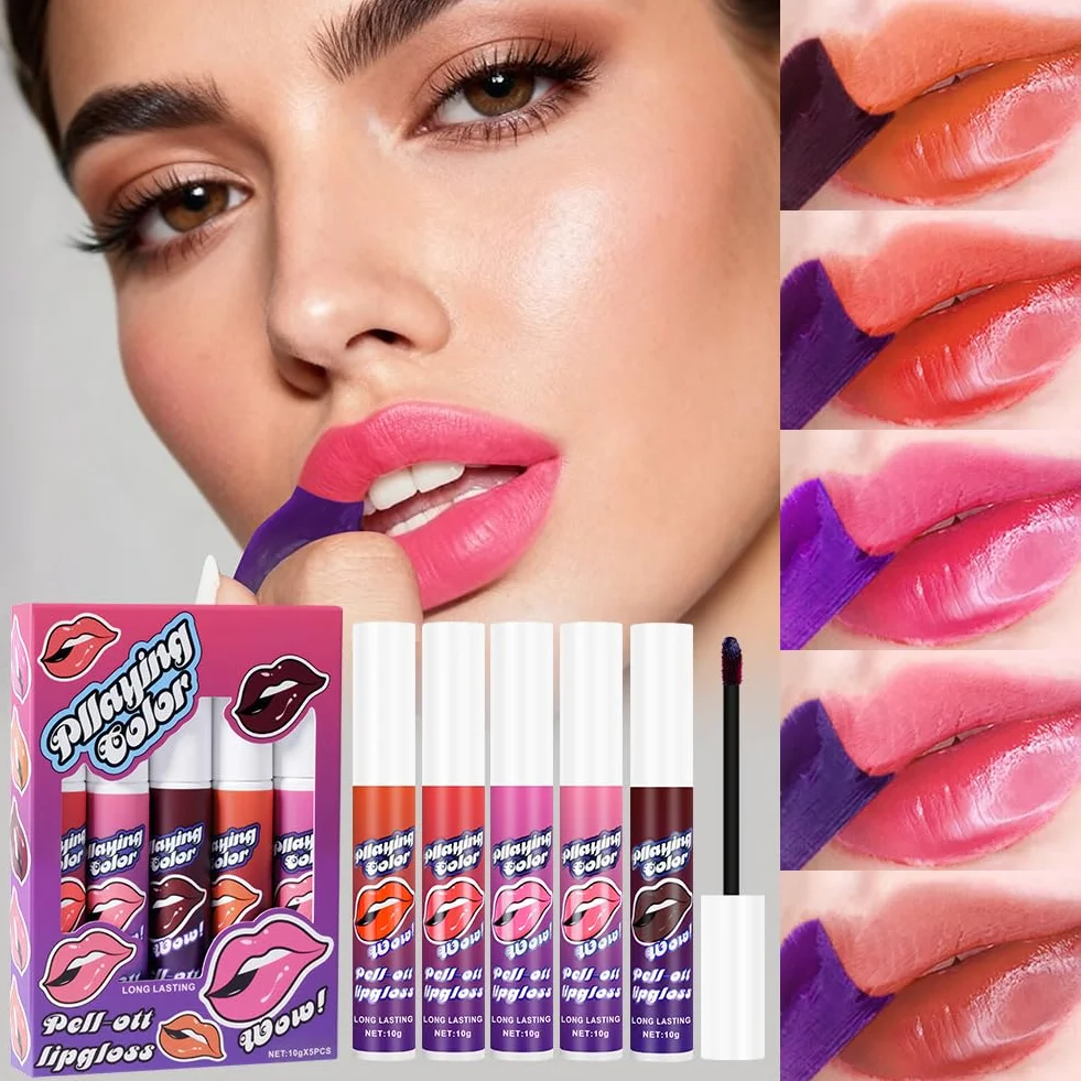 Lip Stain Peel Off, 5 Colores Tinte Permanente de Labios de Larga Duración, Maquillaje Labial