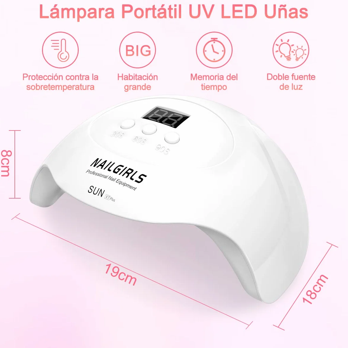 NAILGIRLS Lámpara UV LED 36W con 3 Temporizadores 18 Cuentas de Luz para Uñas Secador Profesional Pantalla LCD