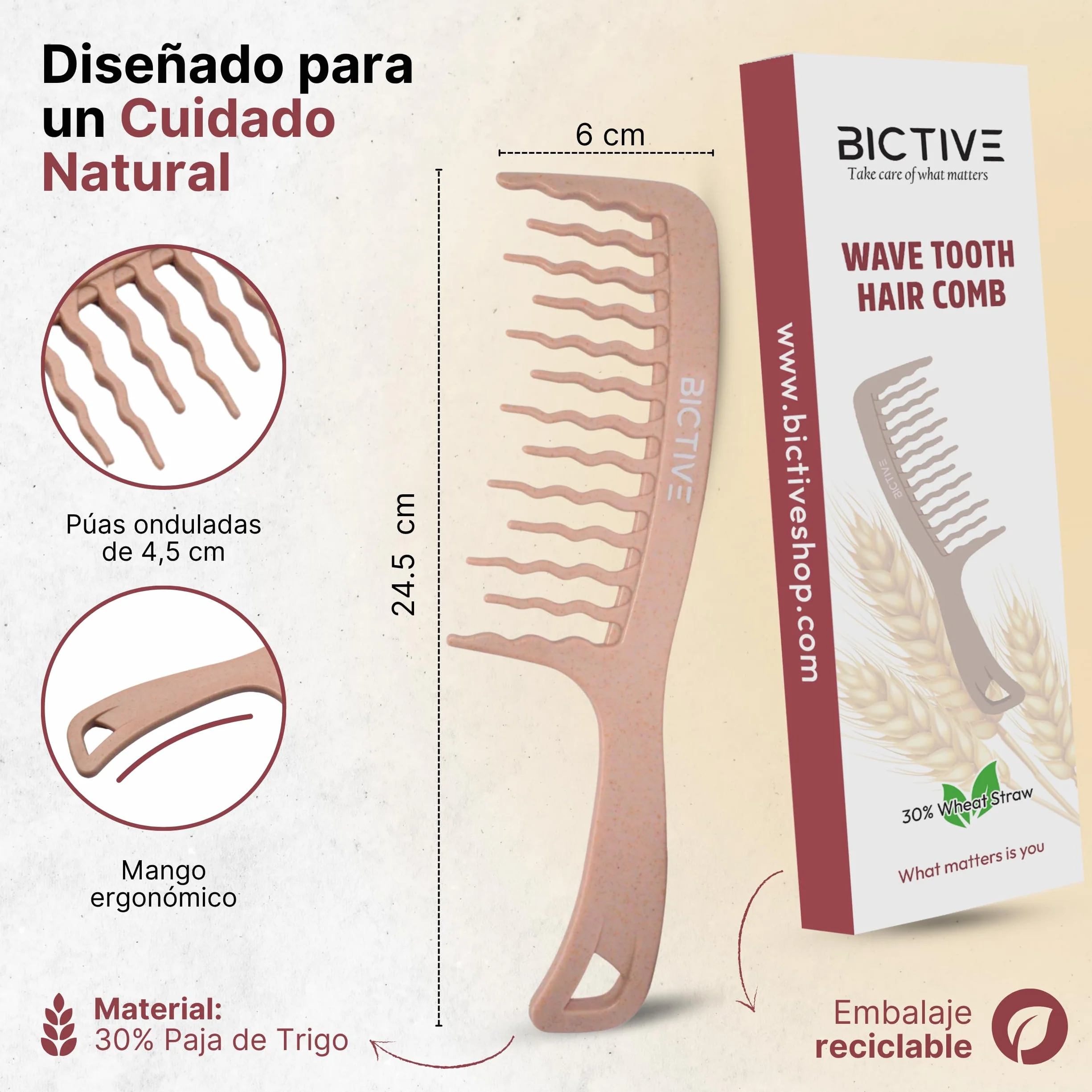 Peine de Púas Anchas para Pelo Rizo, Desenredante, Antitirones, Dientes Anchos (Rosa Nude)