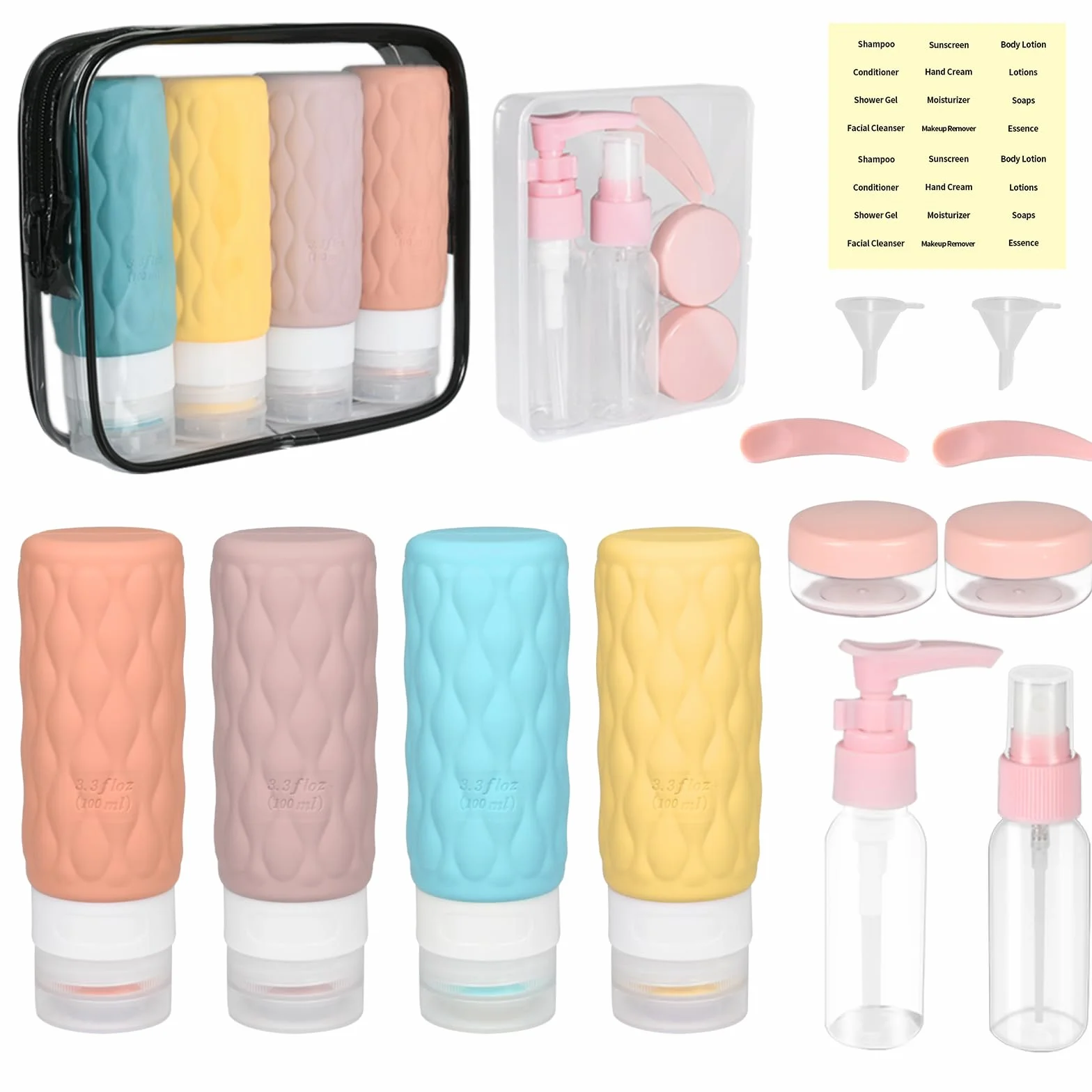 Botes Viaje Rellenables 100ml, Juego de Botellas Silicona a Prueba de Fugas, Kit Higiene sin BPA