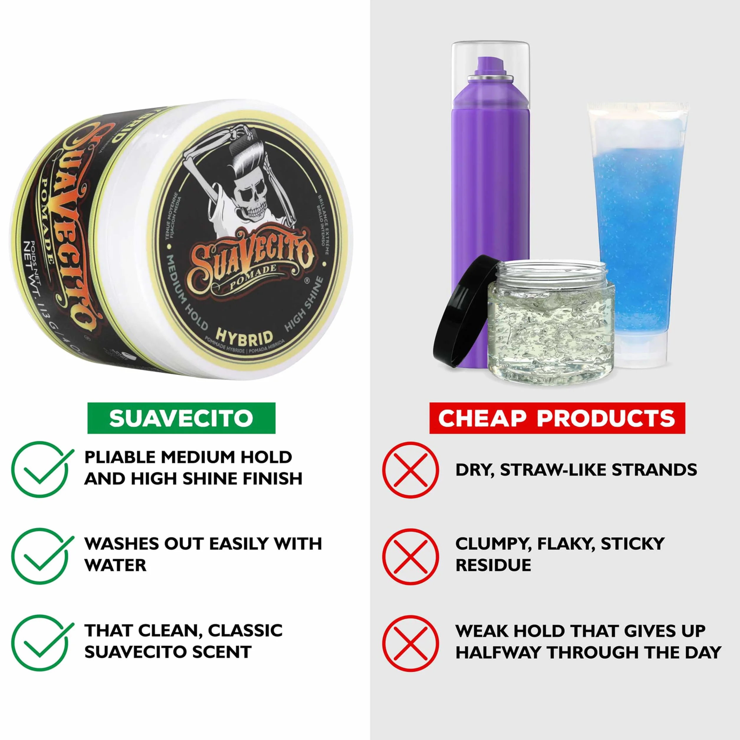 Suavecito Pomada Híbrida para Hombres, Agarre Medio, Alto Brillo, 4oz