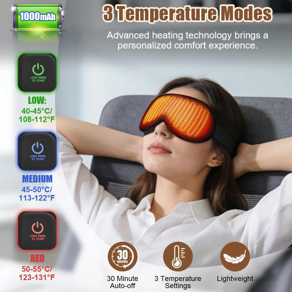 Antifaz para Dormir Calentado con Batería 1000mAh USB Control de Temperatura para Migraña y Sueño Negro