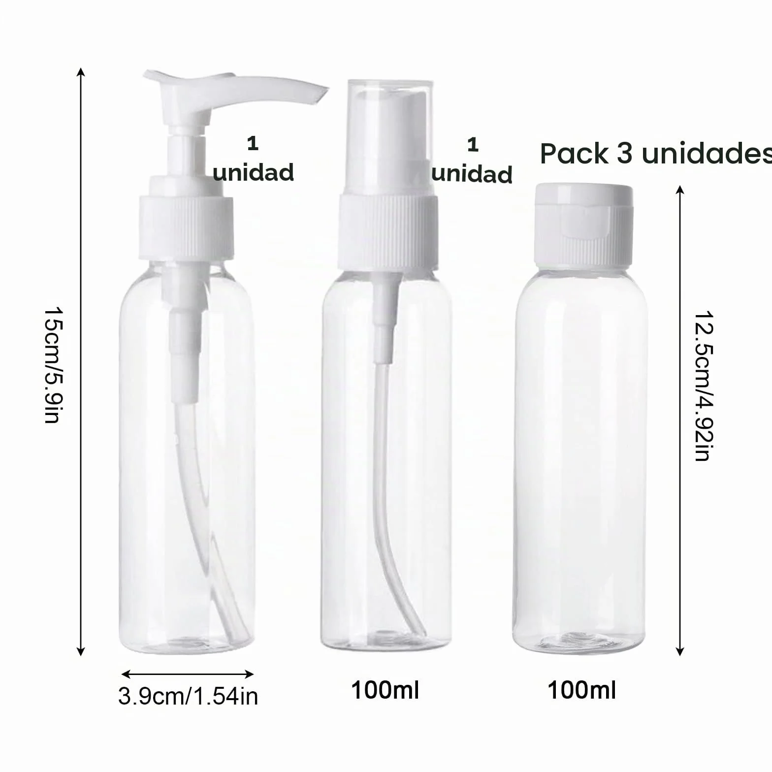 KEYRI 5 Piezas Botes Viaje Rellenables 100ml Kit Avion Prueba de Fugas Botellas con Neceser Transparente Negro
