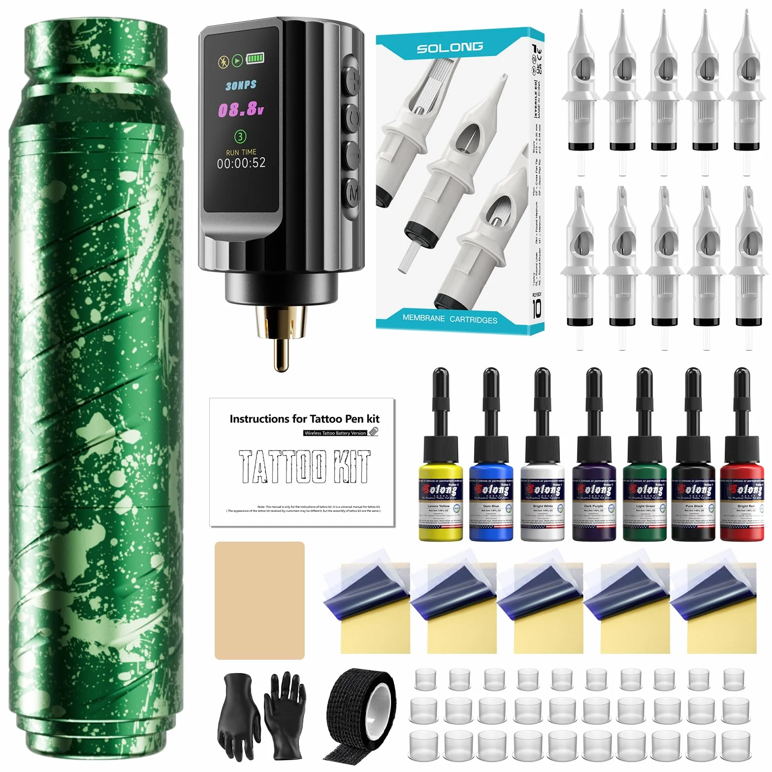 SOLONG Kit Profesional para Principiantes de Tatuajes – Lápiz Inalámbrico 1600mAh con 10 Agujas de Cartucho y Papel Transfer, Equipo Completo para Empezar, EF-TK-P753KITCEU-10