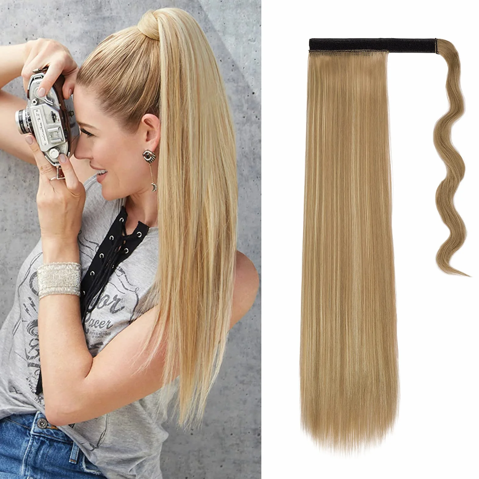 Coleta Postiza Extensiones de Cabello Natural Clip Pelo Sintetico Liso Largo Ponytail Hair Extension Cola Wrap Around Rubio arenoso&Blanqueador rubia