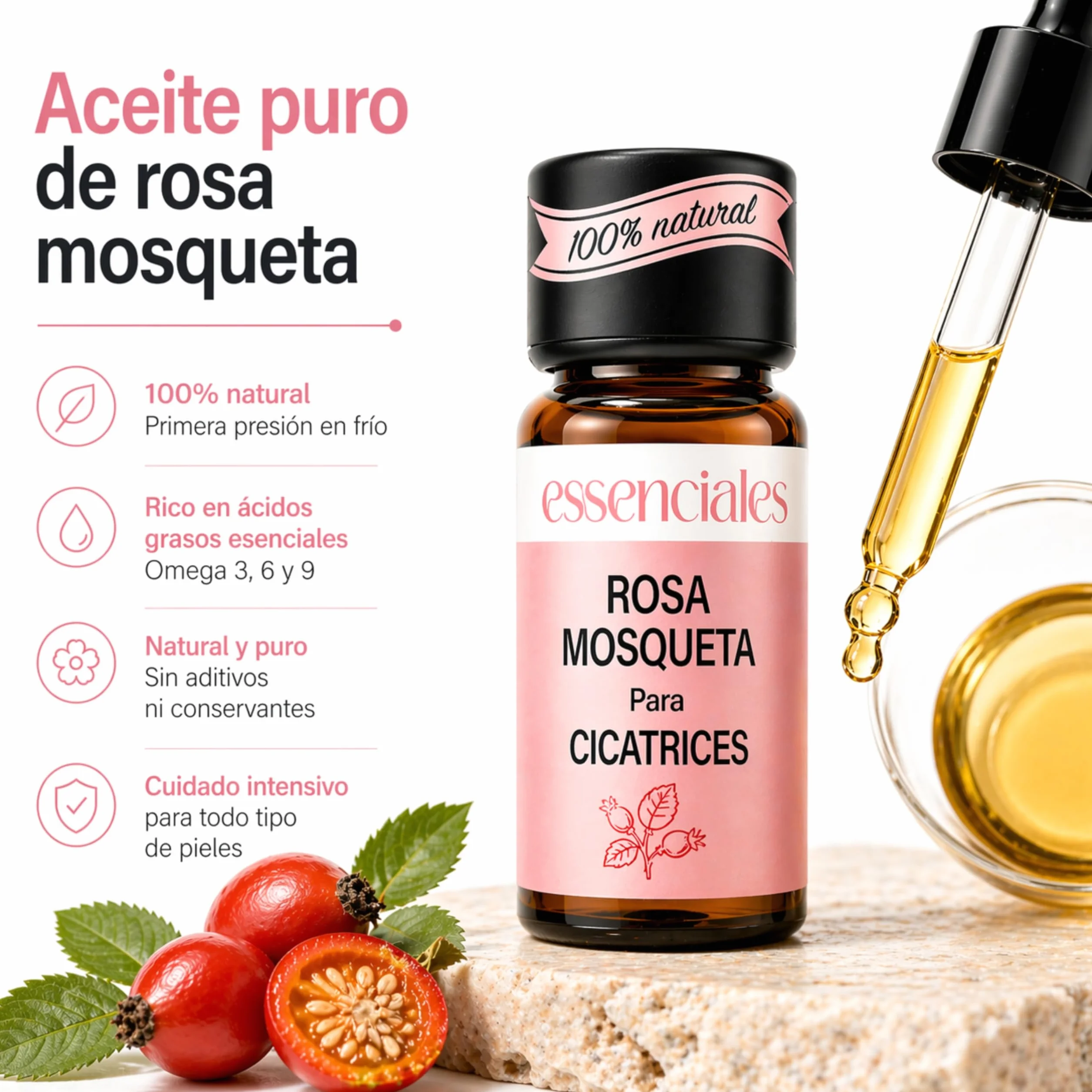 Aceite Rosa Mosqueta 100% Puro para Cicatrices - Essenciales 10 ml