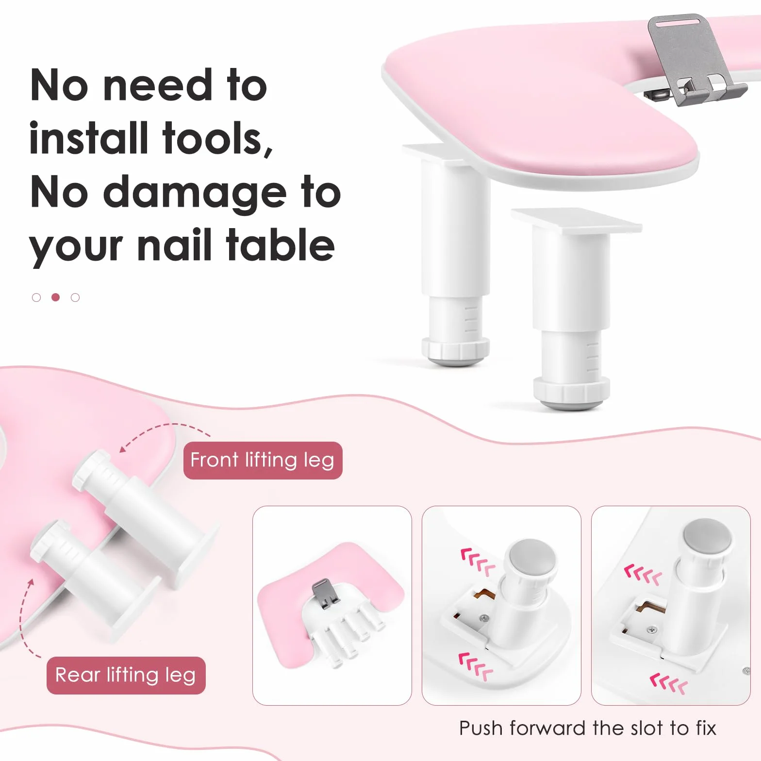Reposabrazos para uñas para la mano: cojín de mano ajustable con altura y soporte para teléfono giratorio de 360° – Reposabrazos para uñas de cuero PU rosa para uso en salón de uñas y en casa