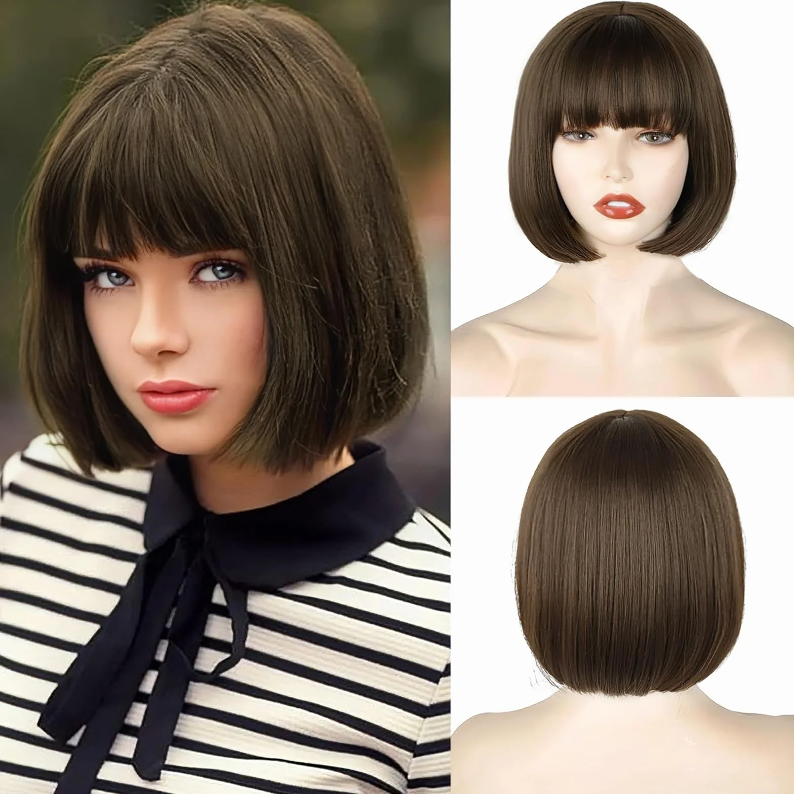 Creamily Peluca Bob Pastel con Flequillo 25 cm Marrón Sintética para Mujer Cosplay
