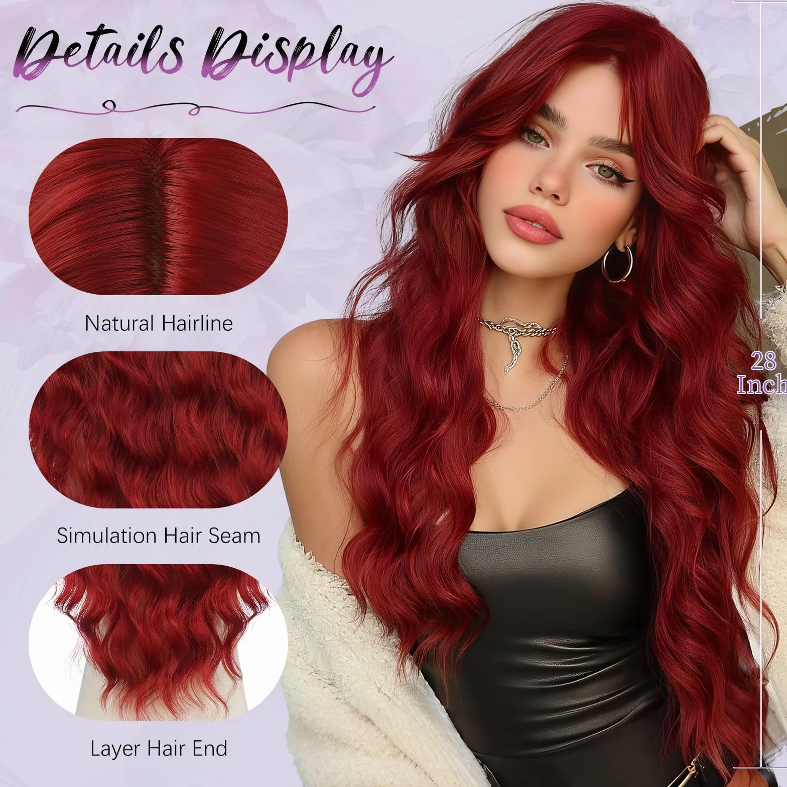 Peluca Largos y Ondulados 70 cm Rojo Baya para Mujer con Raya Central Natural y Frente de Encaje Resistente al Calor Sintética