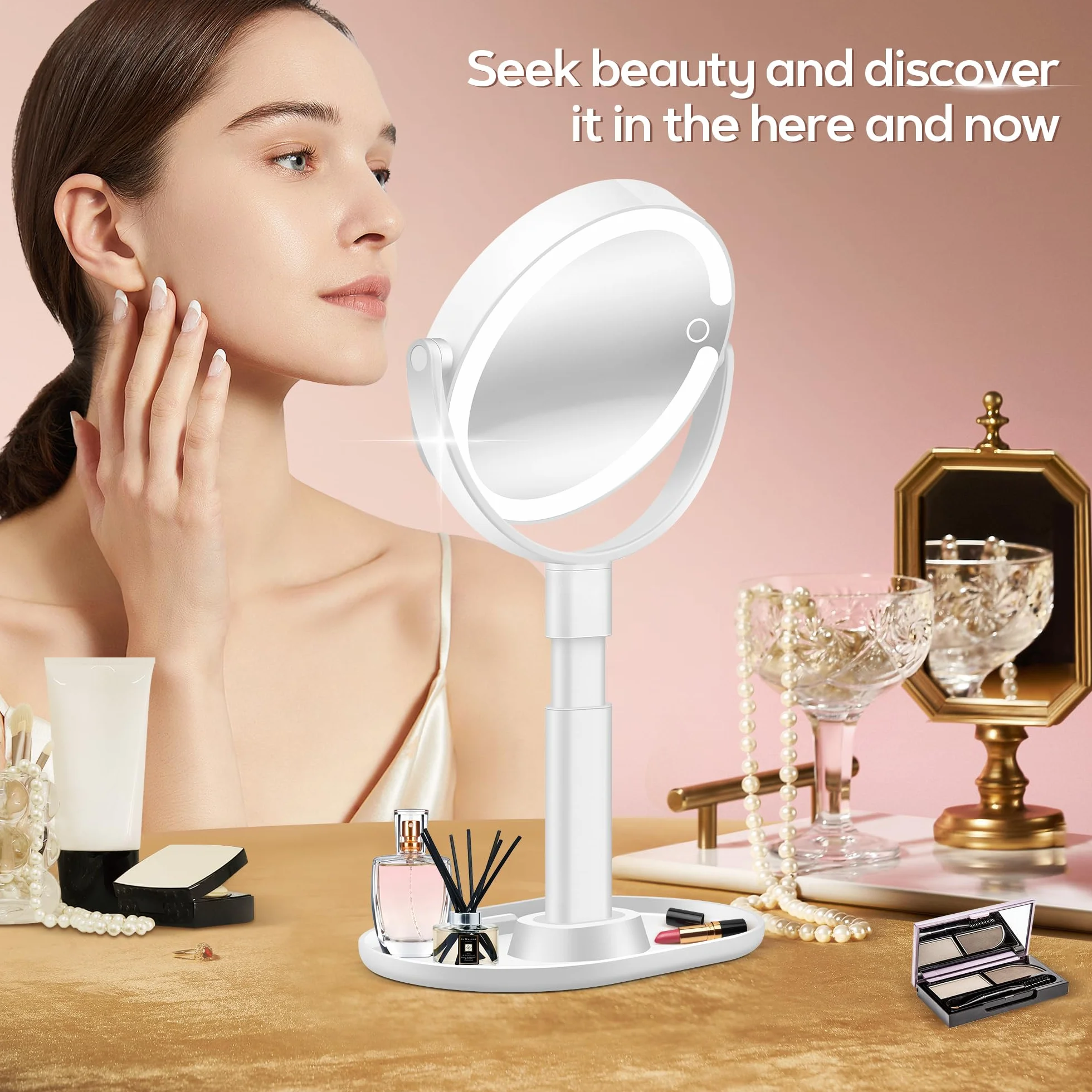 B Beauty Planet Espejo de maquillaje con luces 30X aumento iluminado brillo ajustable 2 lados altura ajustable para baño