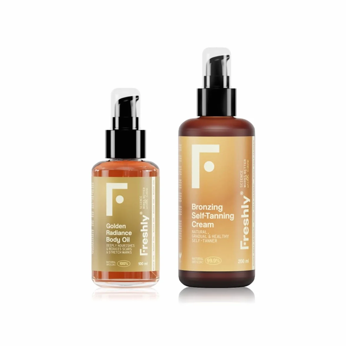 Freshly Cosmetics | Golden Bronze Body Pack | Autobronceador Corporal y Aceite Nutritivo | Pack Aceite + Crema 100ml + 200ml | Bronceado Natural Progresivo para Piel Luminosa