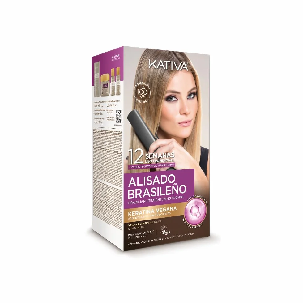 Kativa Kit Alisado Brasileño para Cabello Rubio Teñido o con Mechas - Keratina Vegana - Tratamiento Profesional en Casa - 12 Semanas Duración