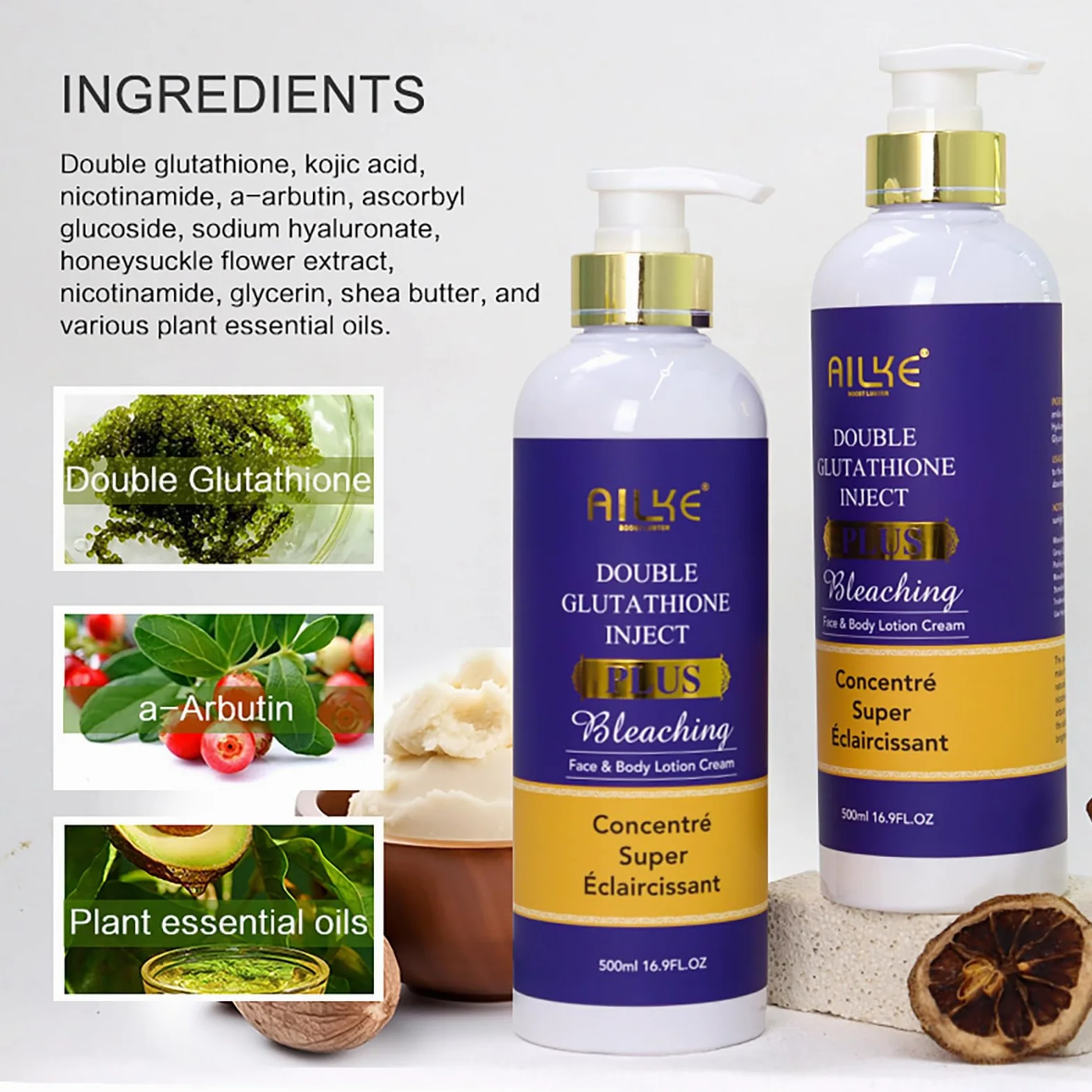AILKE Double Glutathione Plus Loción corporal blanqueadora, blanquea, reduce las manchas oscuras y las manchas, hidratante profunda, crema corporal suave y limpia para la piel, 500 ml (3 botellas)