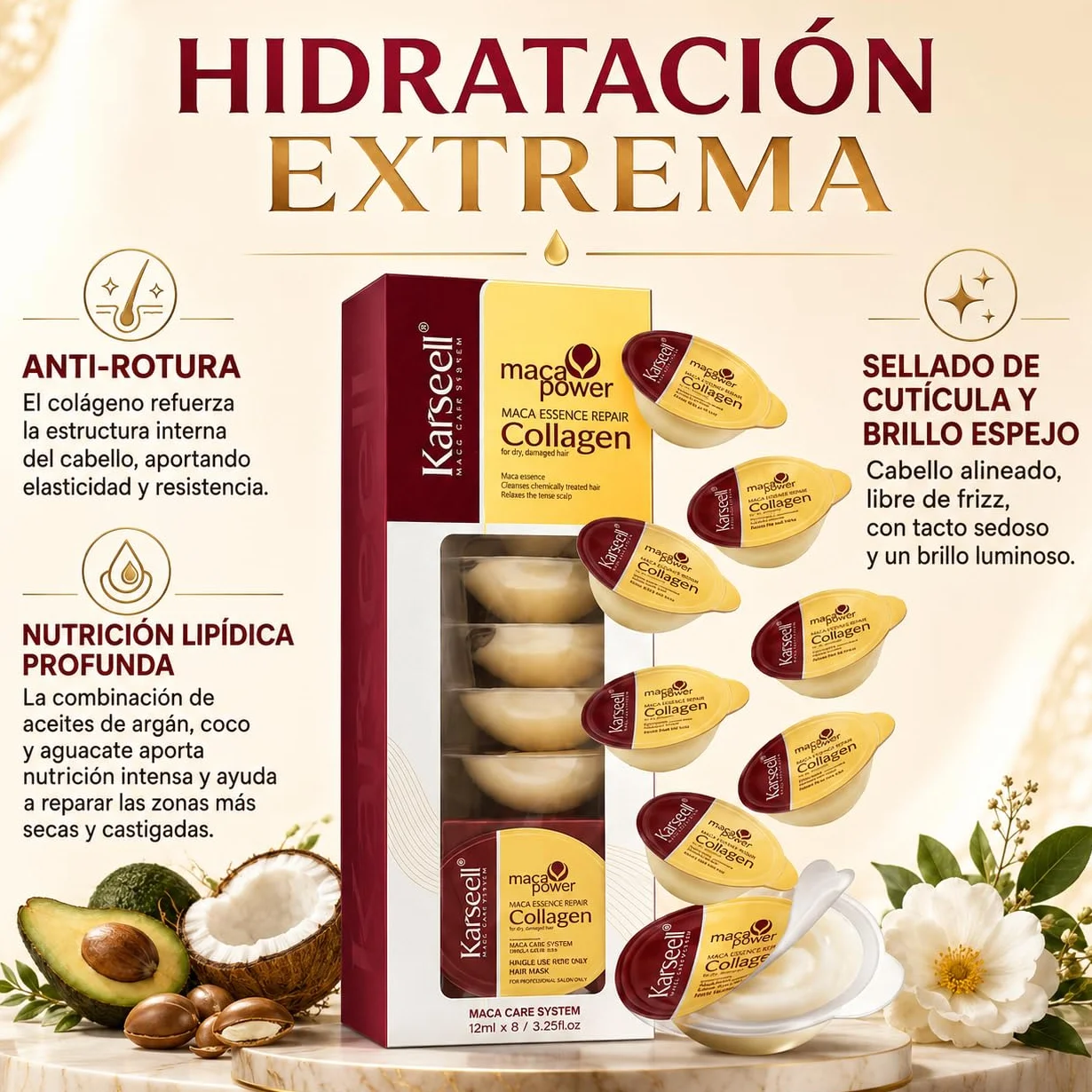 Karseell MACA CARE SYSTEM Mascarilla Capilar Colágeno Monodosis Reparación Intensa 12ml x 8