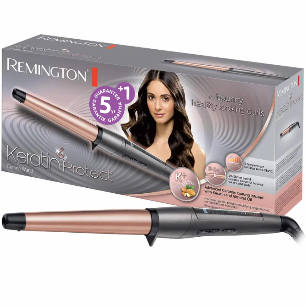 Remington Rizador de Pelo Keratin Protect, Queratina y Aceite Almendras, Ondulador de Pelo con Barril de 19-28 mm, Cerámica, 5 Temperaturas hasta 210°C, Digital, CI83V6, Negro, Rose Gold