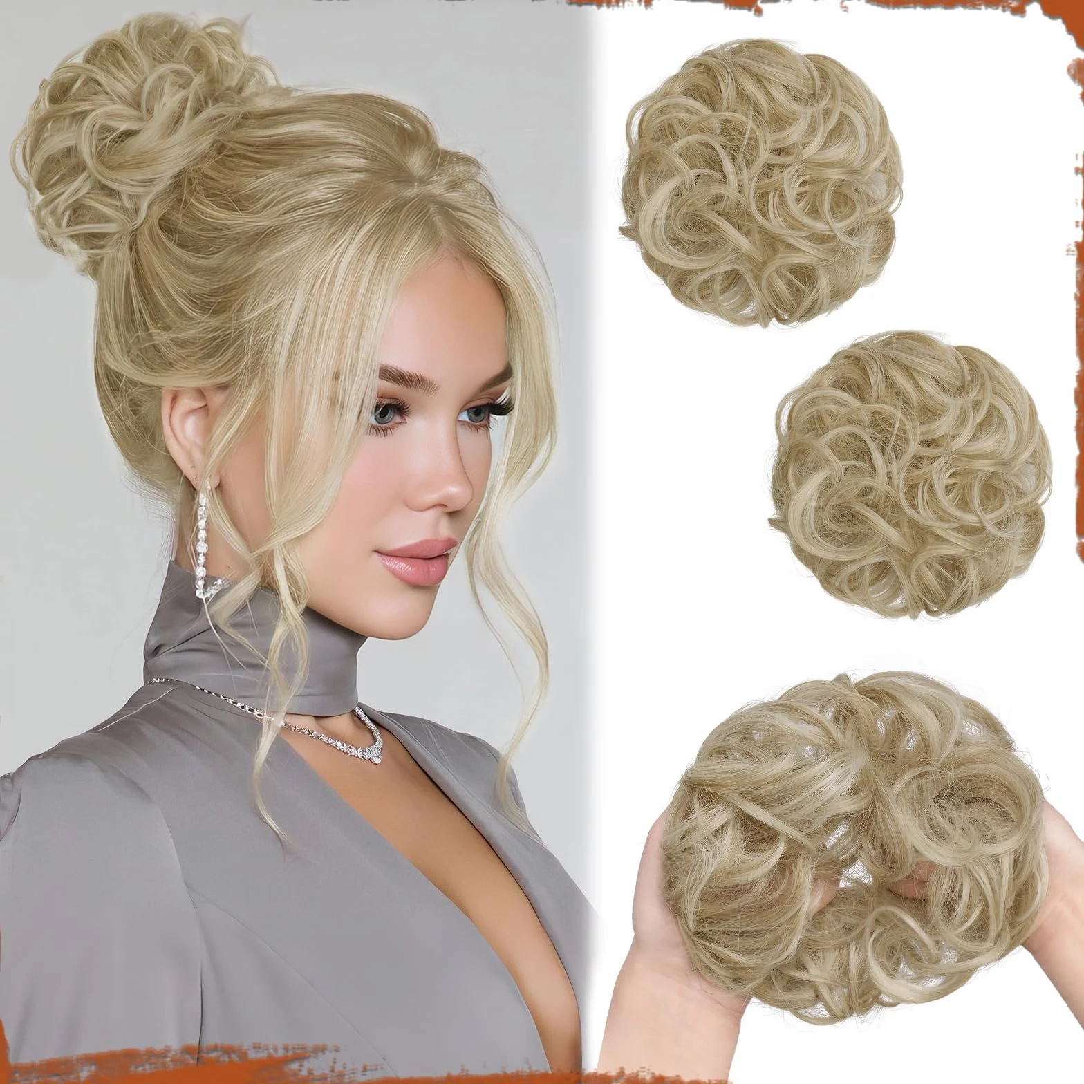 Moños Postizos con Goma Voluminoso Ondulado Sintética Donut Moño Extensiones para Mujer Rubio Ceniza Claro