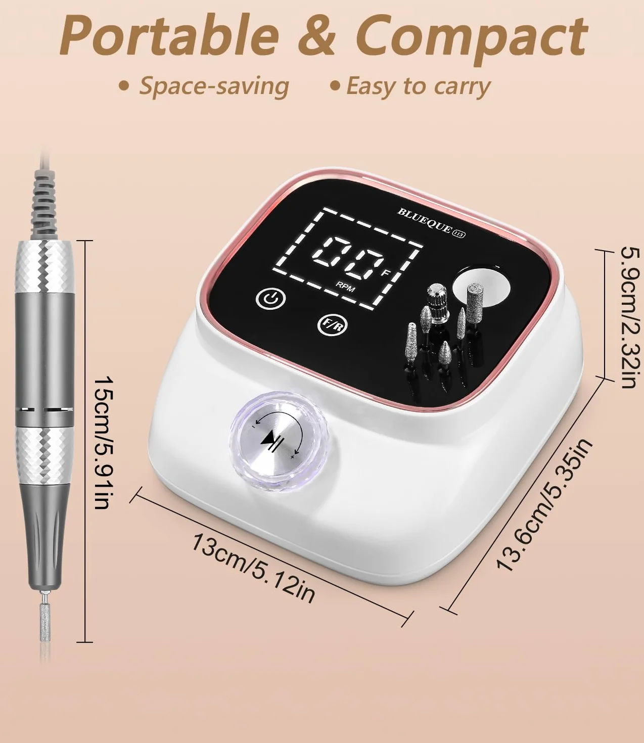 45,000RPM Torno para Uñas Profesional, Lima Electrica Uñas, Velocidad Ajustable,Set de Accesorios para Manicura y Pedicura con Brocas de Cerámica,para Uso Doméstico Salones de Uñas, Oro Rosa