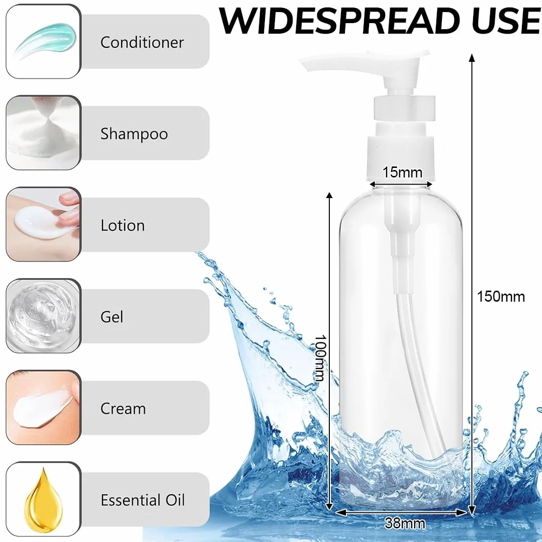 Botellas de Viaje Transparentes 100ml Rellenables con Bomba de Plástico para Loción Champú